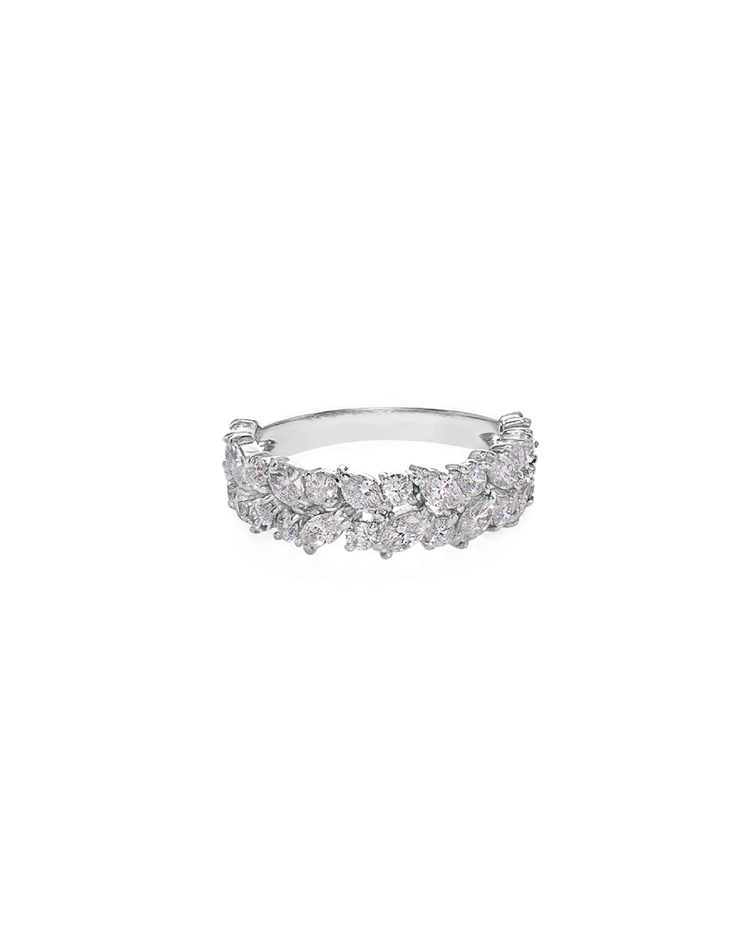 A white gold ring with a series of round and marquise diamonds creating an alluring pattern across the top.