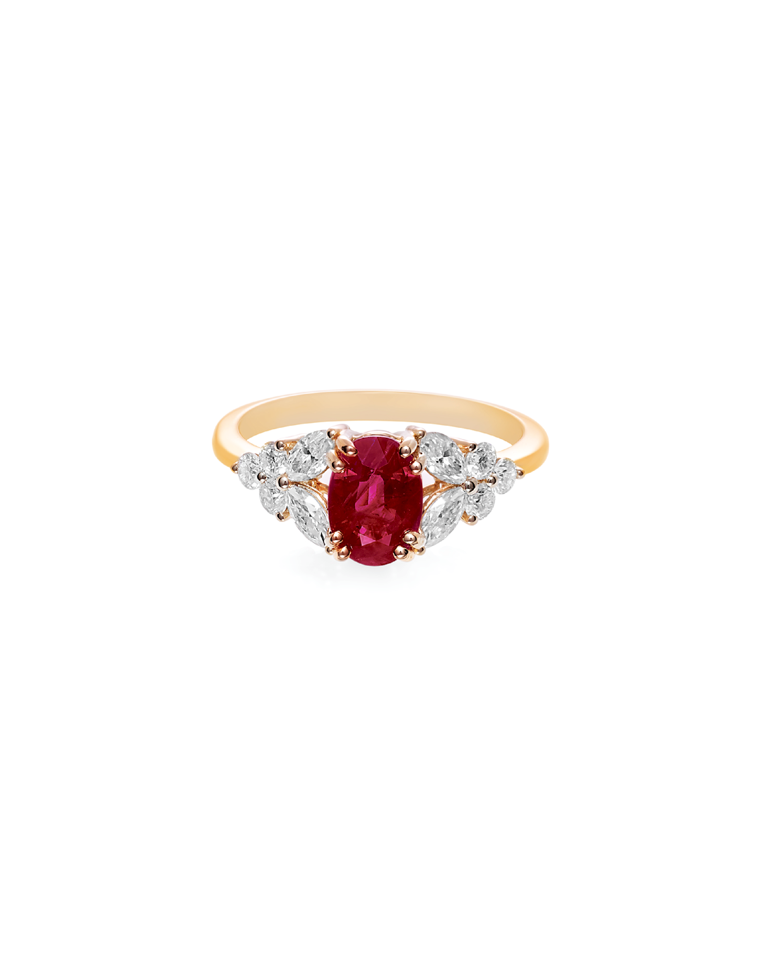 Gold ring with a red gemstone and diamond accents on a white background