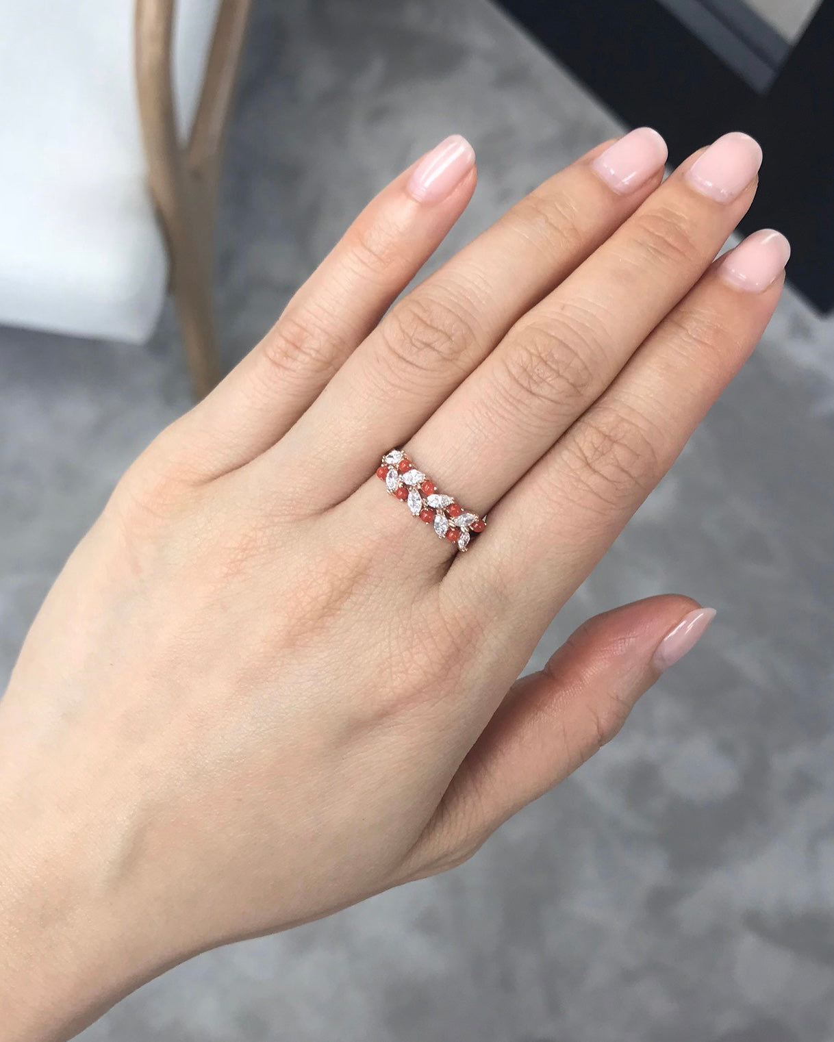 Coral and Marquise Diamond Ring