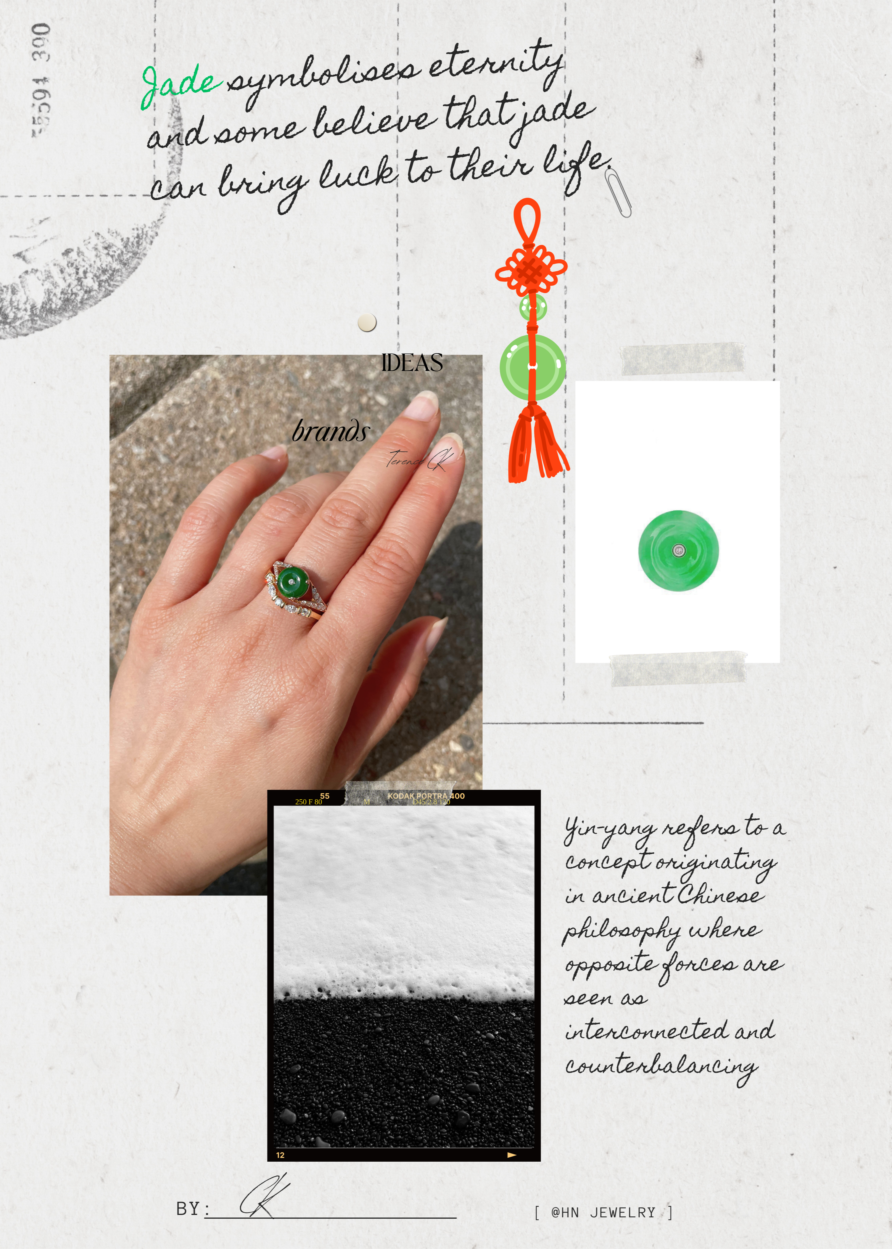 Collage with a hand wearing a green emerald ring, text about jade, and a brand logo.
