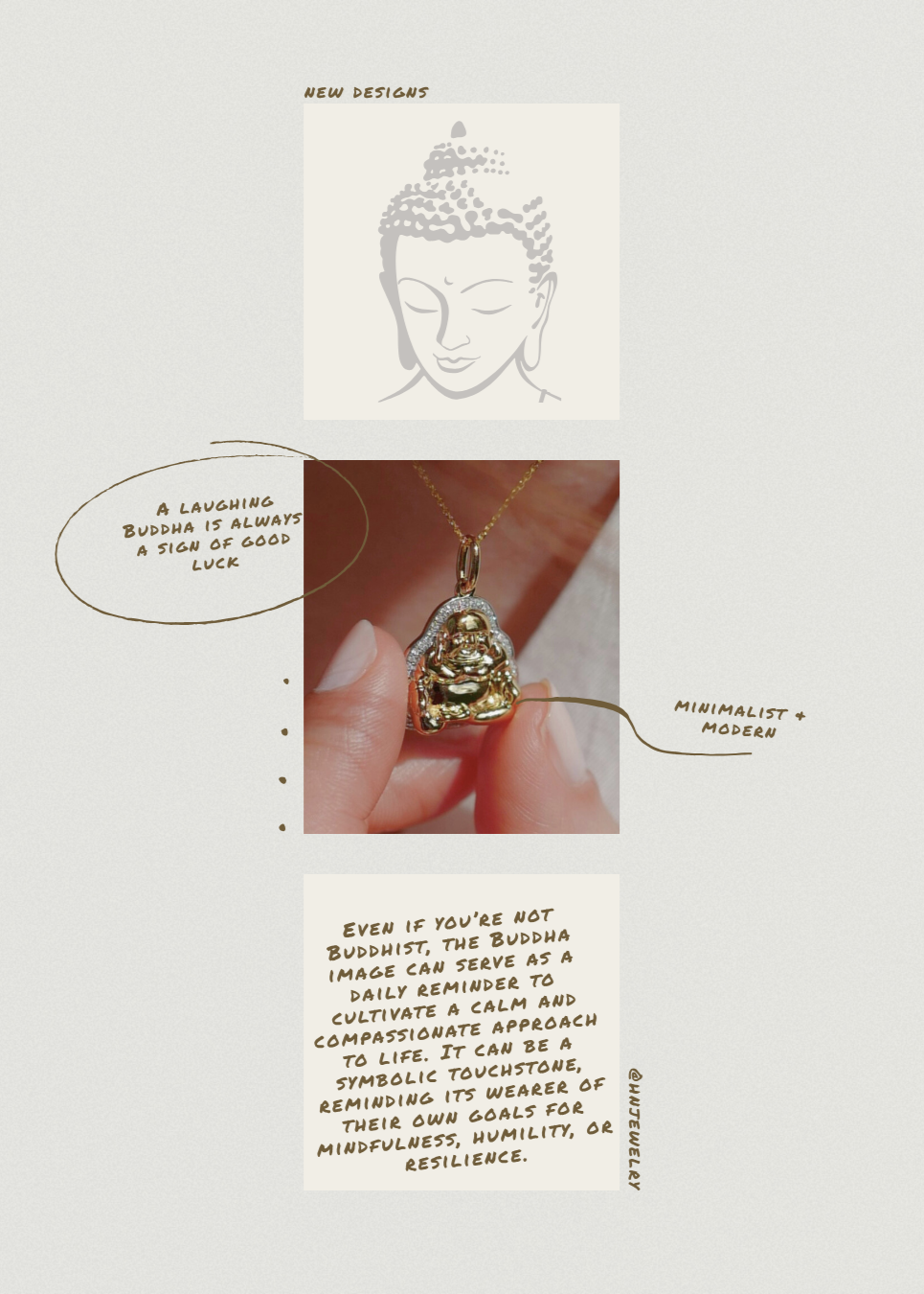 Gold Buddha pendant necklace with text and minimal design elements on a light background