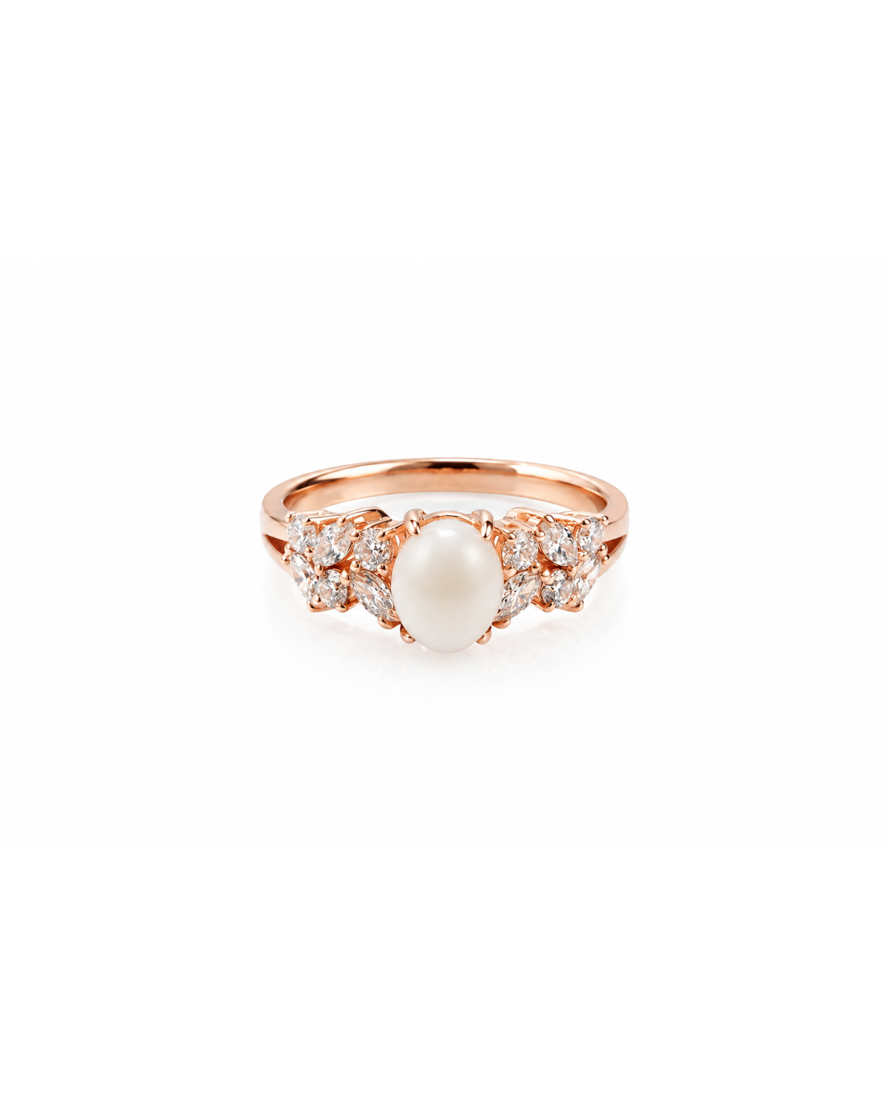 1-of-1 natural very light blush pink conch pearl ring with marquise and round diamonds in solid rose gold by HN Jewelry.