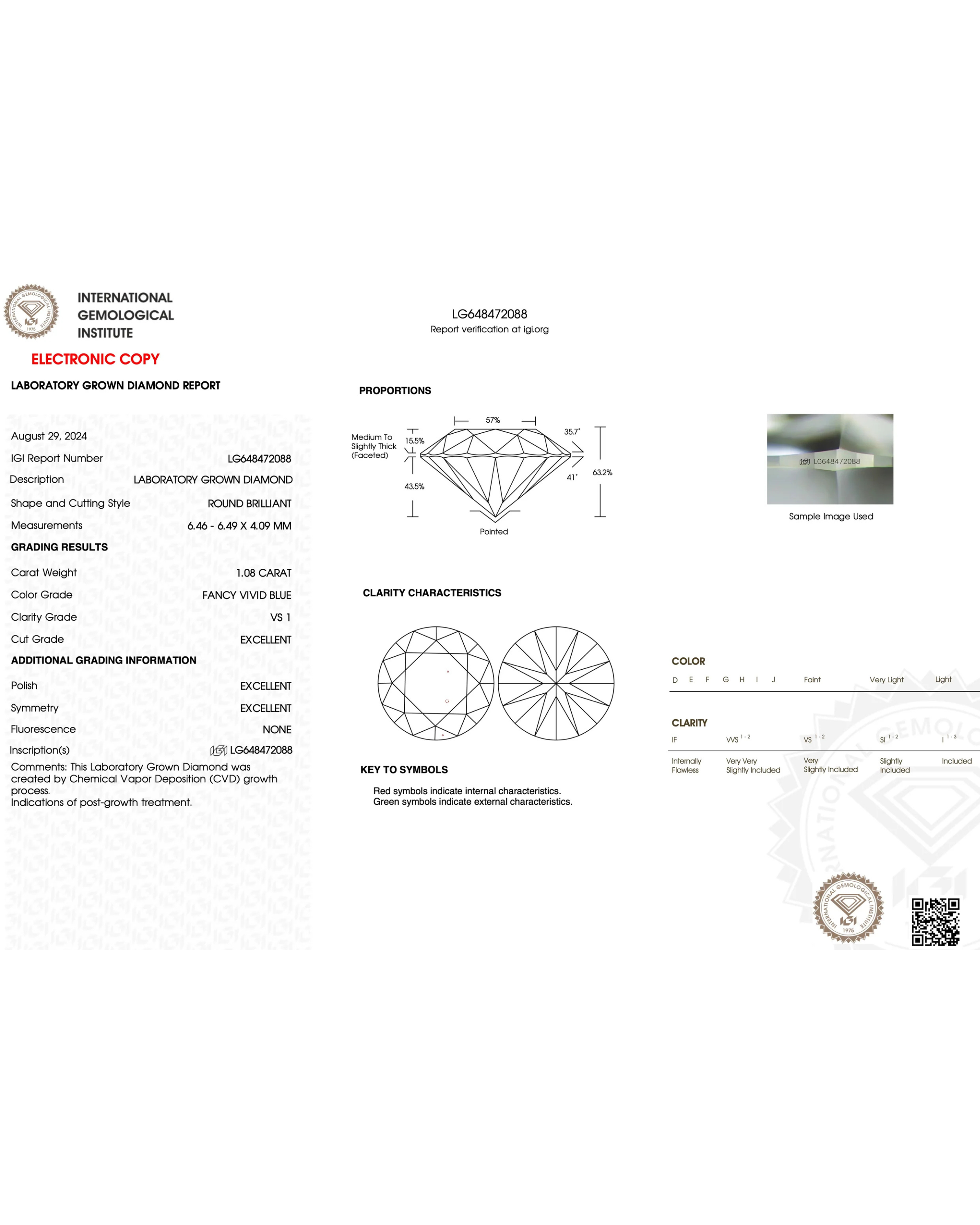Diamond grading report with IGI logo and diamond illustrations on a white background for lab grown blue diamond