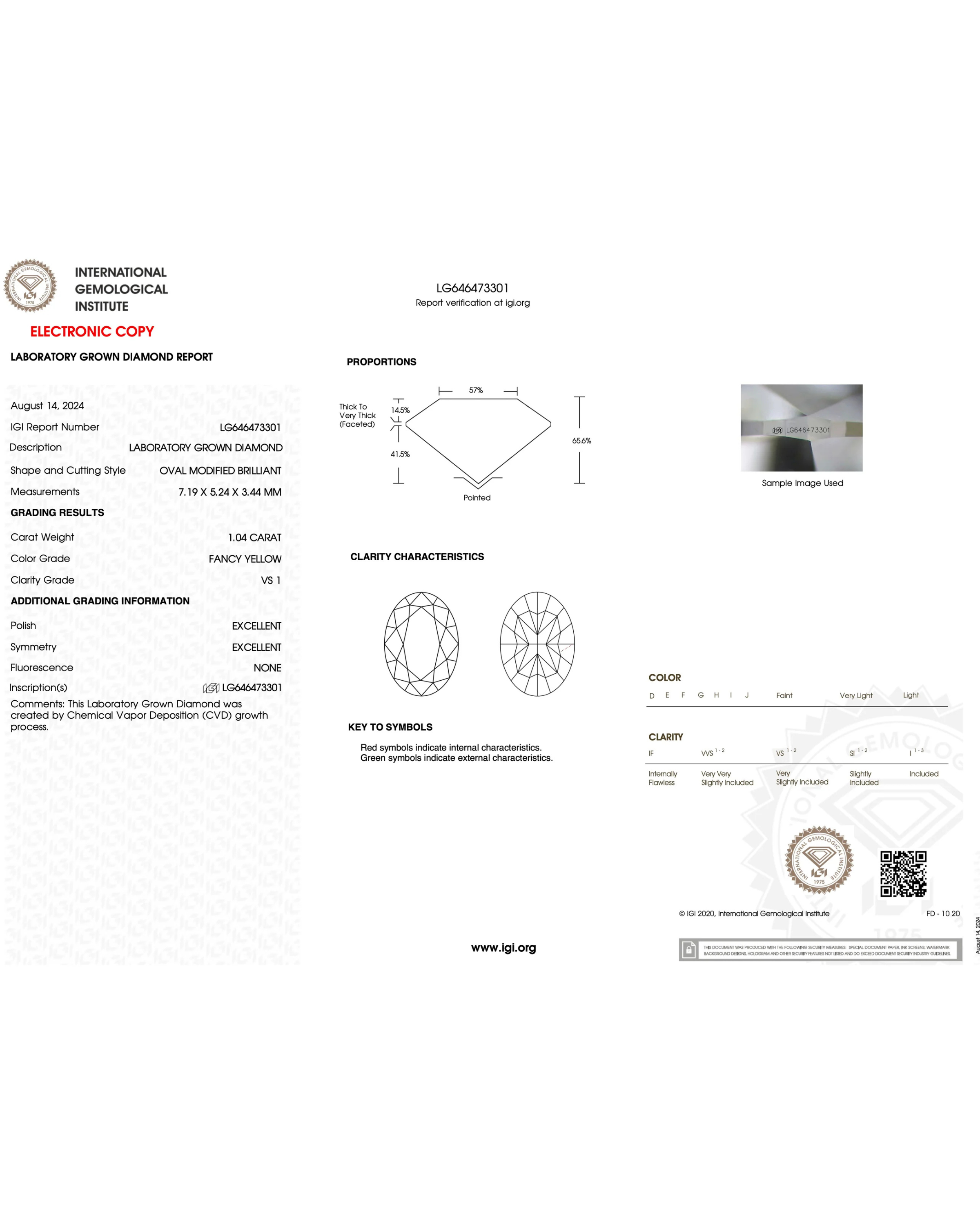 Lab-grown diamond report with diamond illustrations and grading details on a white background