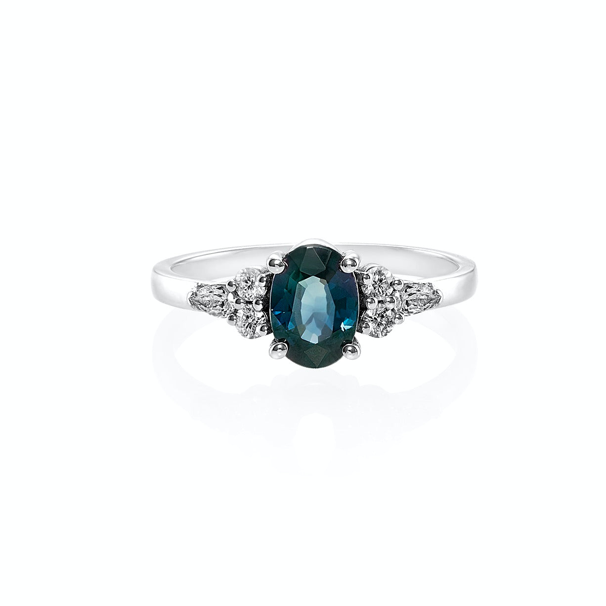 Teal Sapphire and Diamond Ring in White Gold