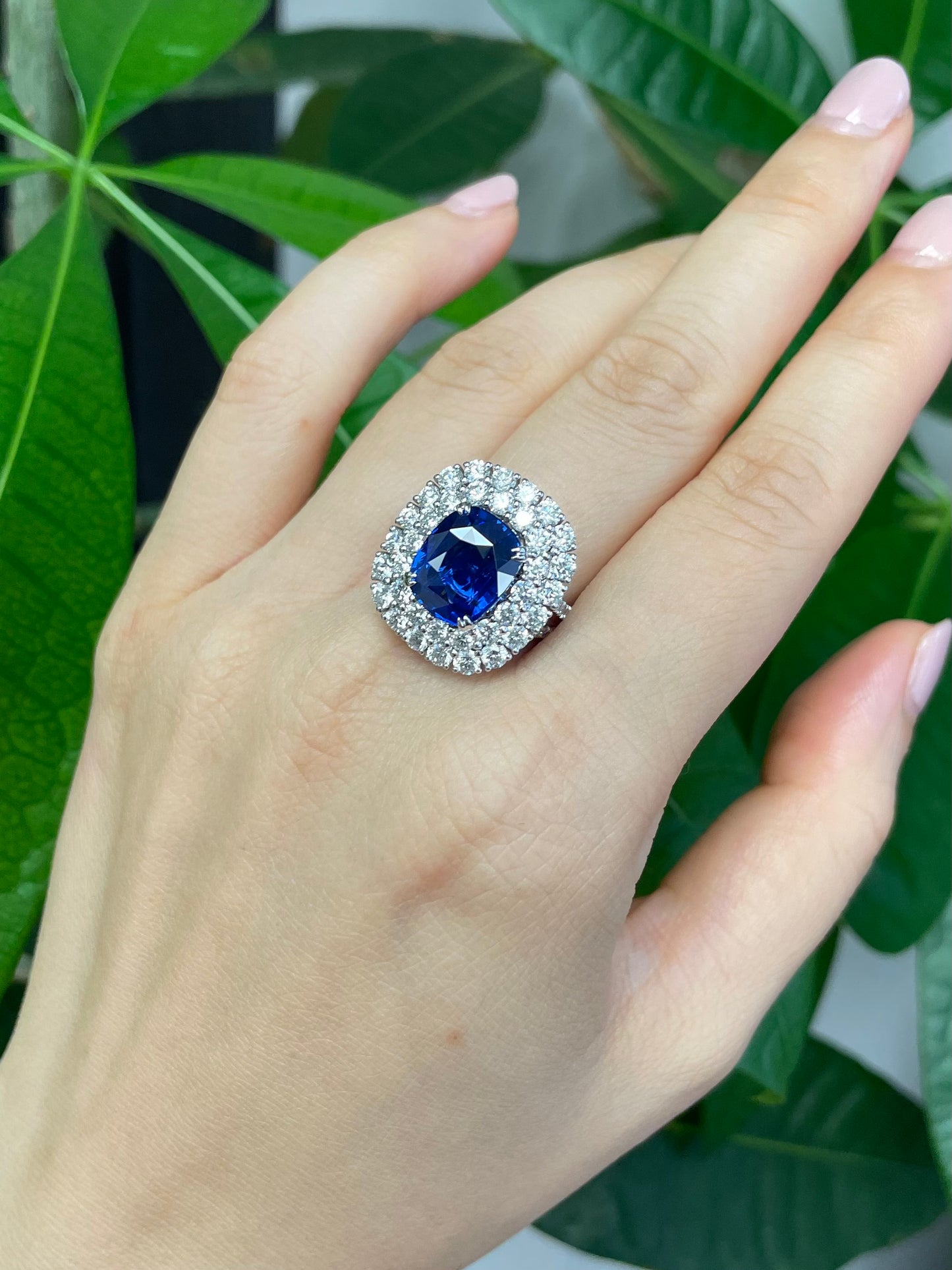 Blue Sapphire and Diamond Double Halo Ring - HN JEWELRY