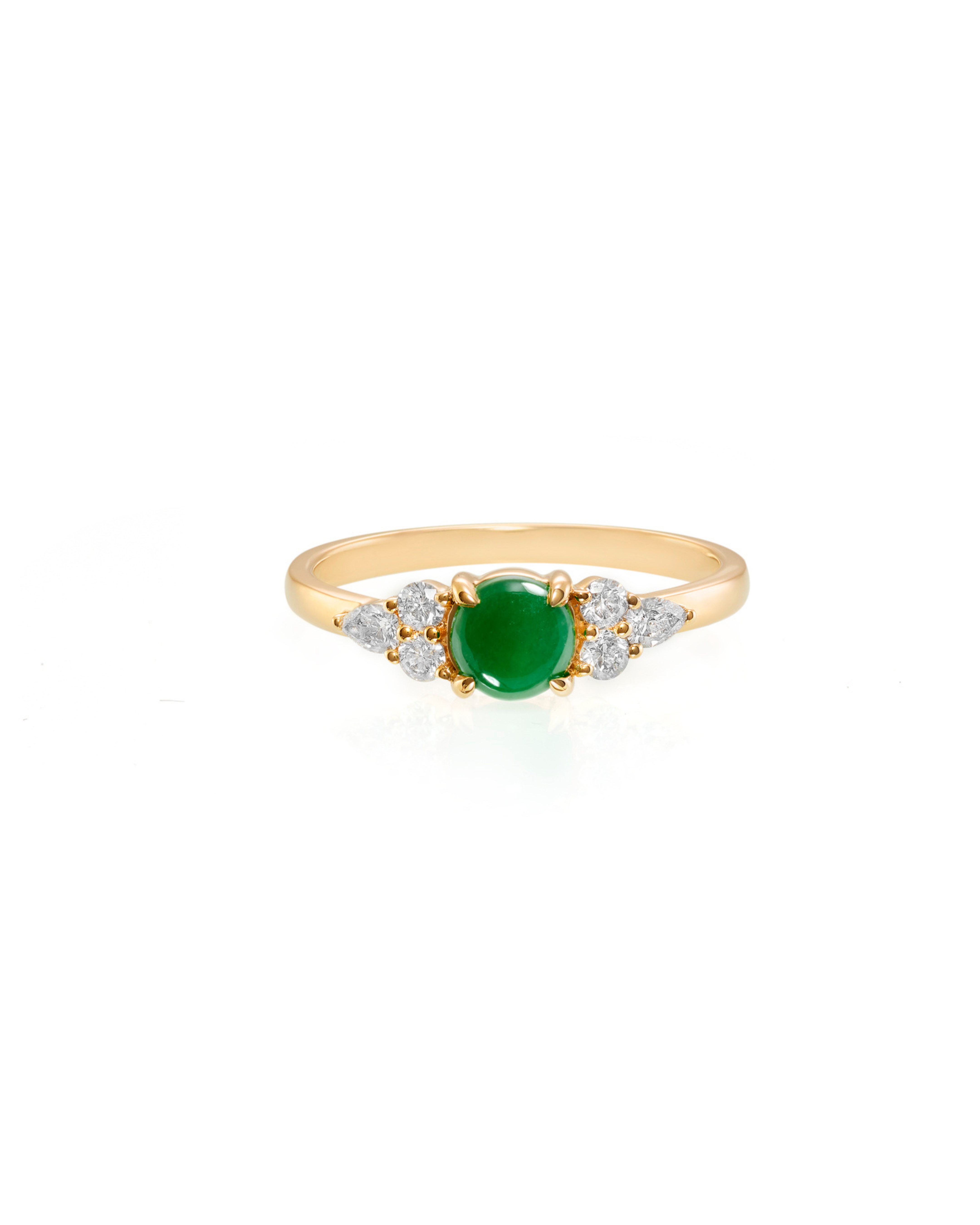 A round green natural jade and pear and round diamond made in yellow gold on a white background