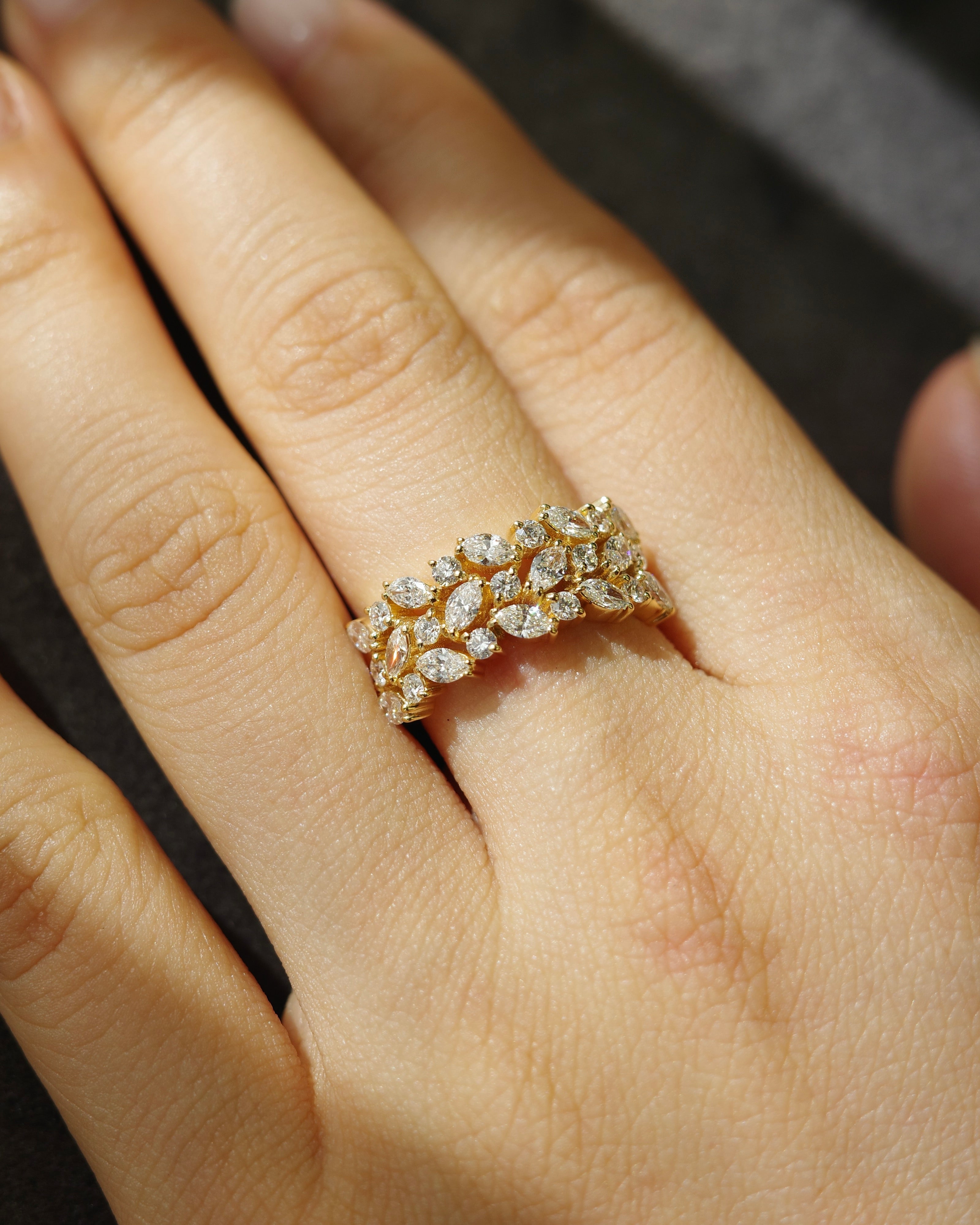 3-Row Marquise Diamond Ring in Yellow Gold - HN JEWELRY