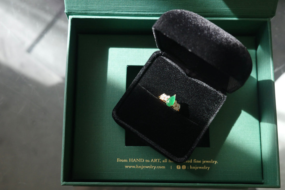 Certified Pear Shape Green Jade and Diamond Ring in 14K Solid Yellow Gold