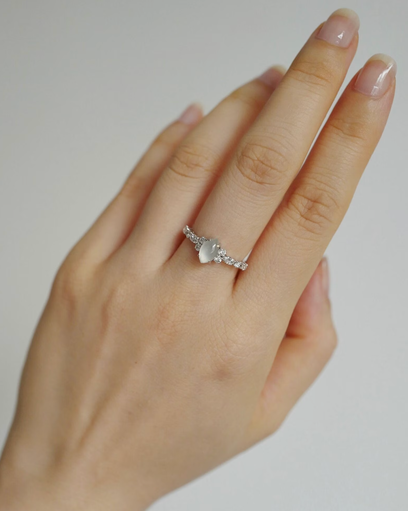 Certified Icy White Jade and Marquise Diamond Ring in White Gold - HN JEWELRY