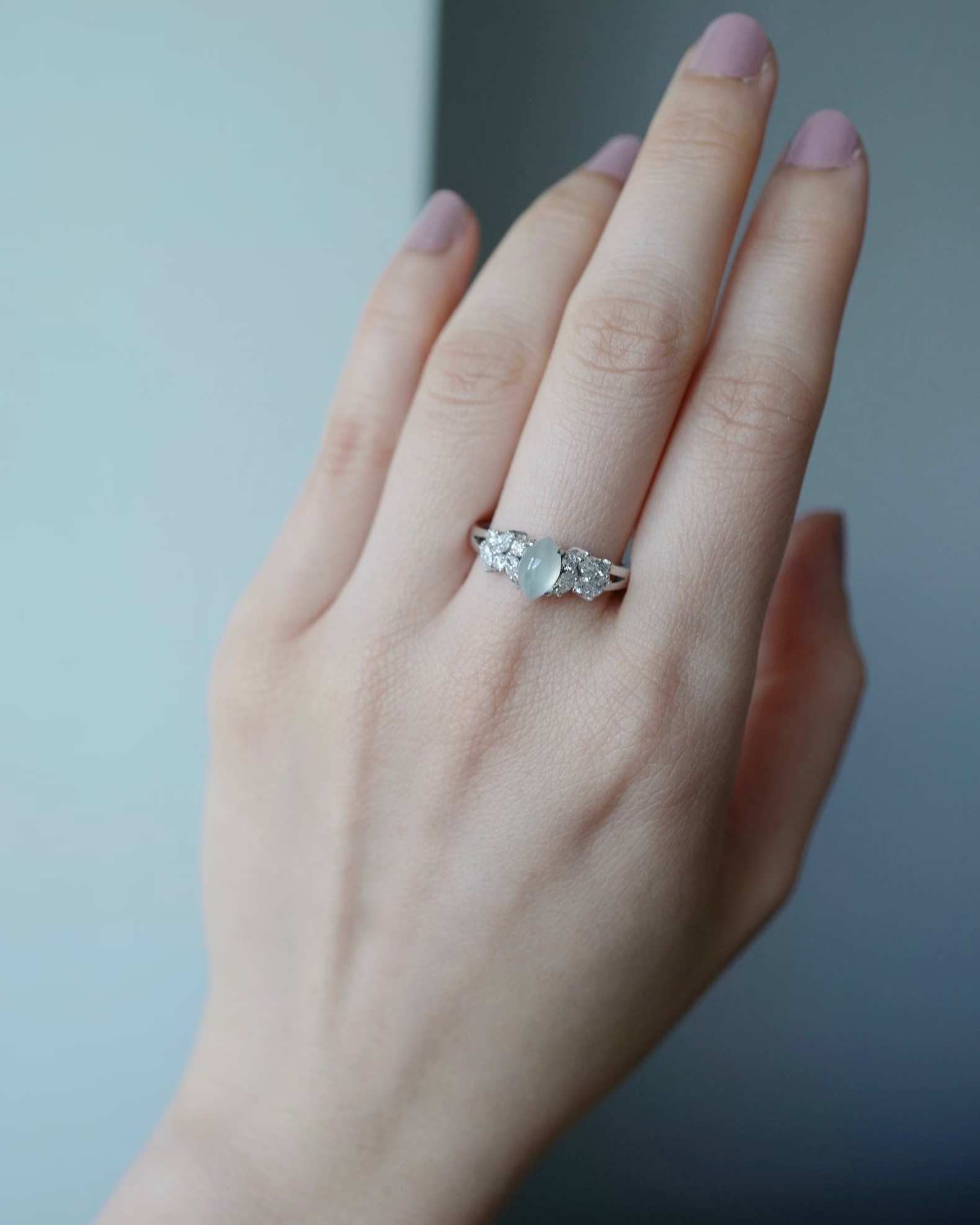 Certified Marquise Cut Natural Icy White Jade & Diamond Ring in White Gold - HN JEWELRY