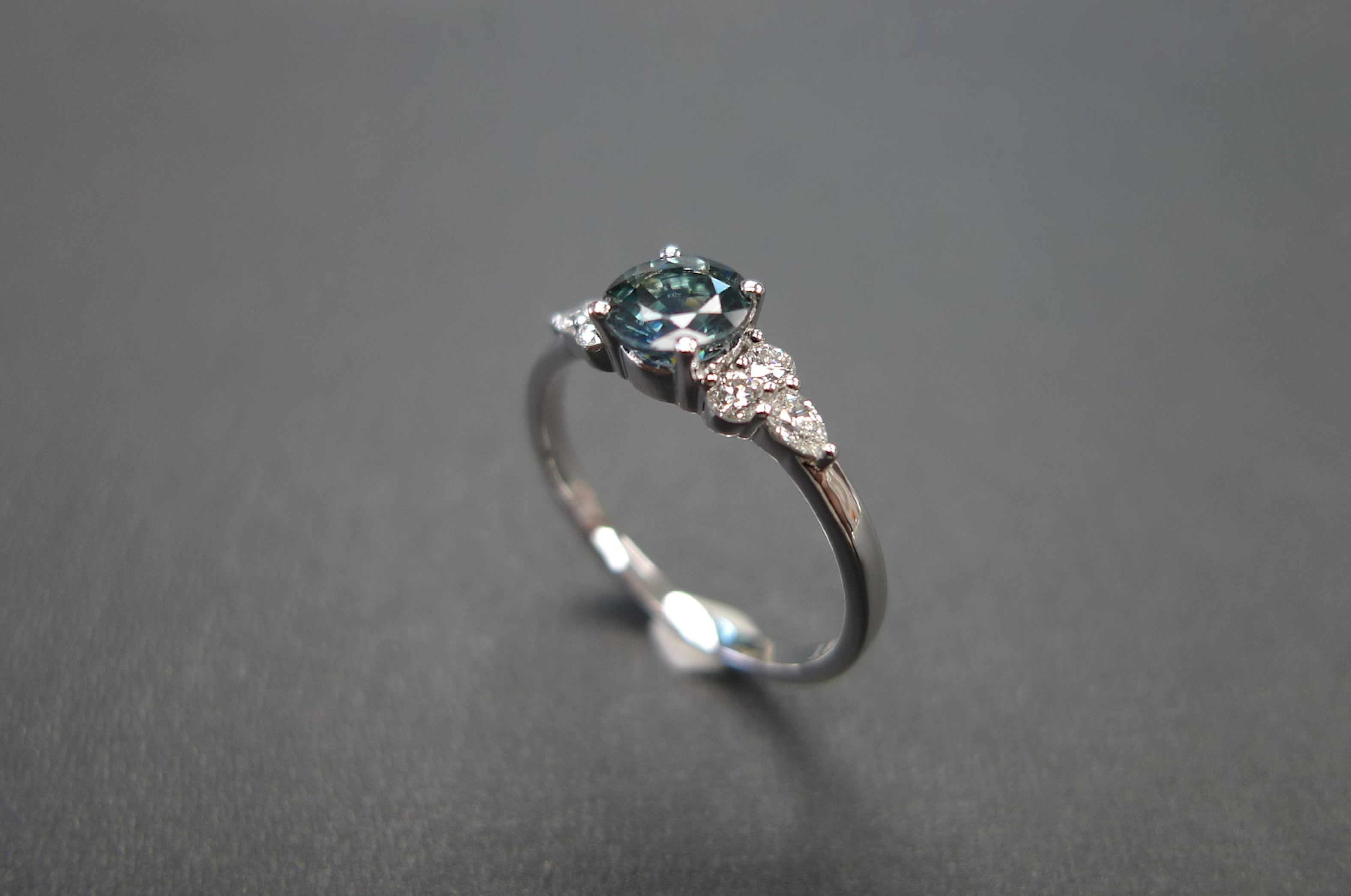 Teal Sapphire and Diamond Ring in White Gold - HN JEWELRY