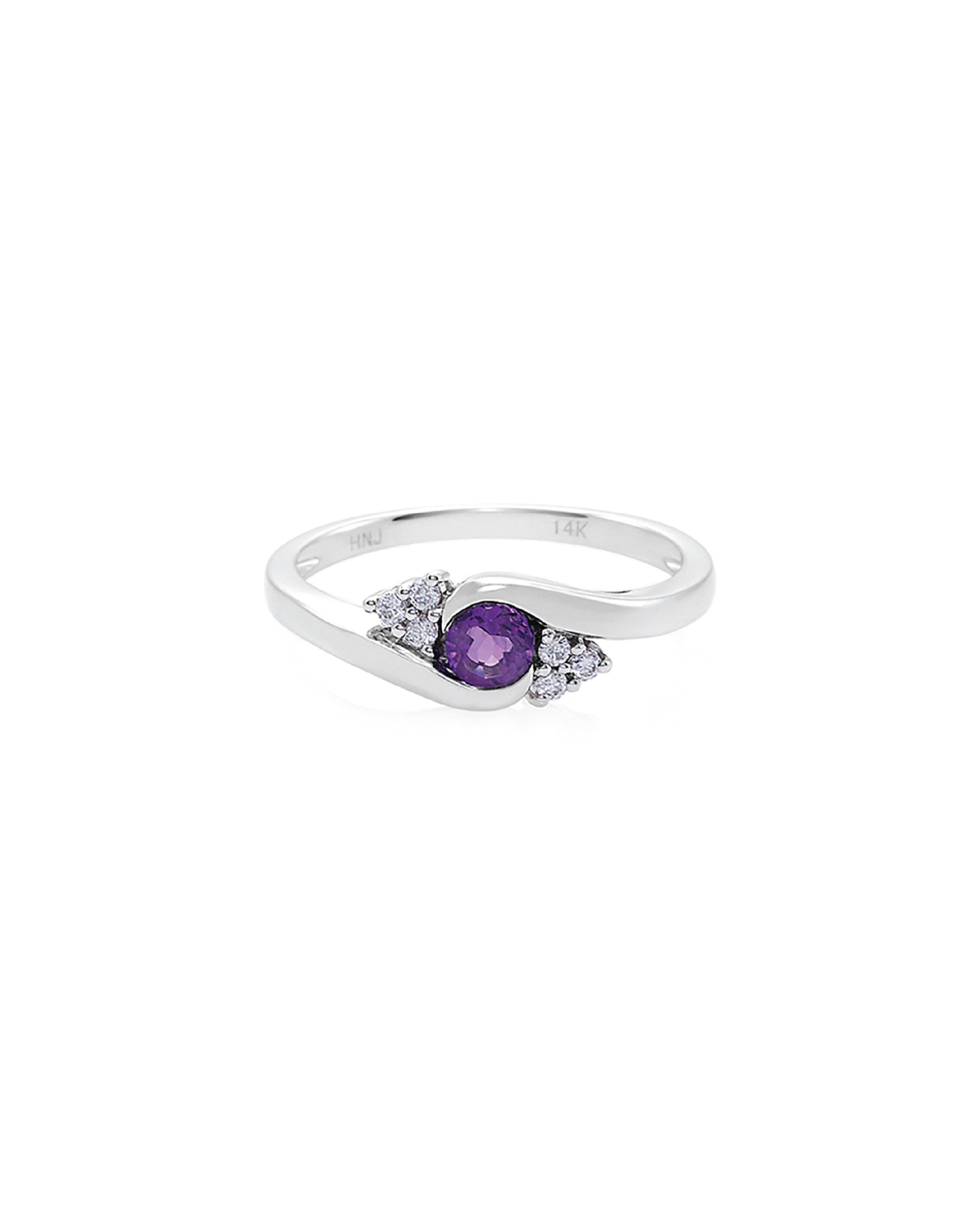 A white gold ring with a twist design featuring a central amethyst gemstone surrounded by smaller diamond accents.
