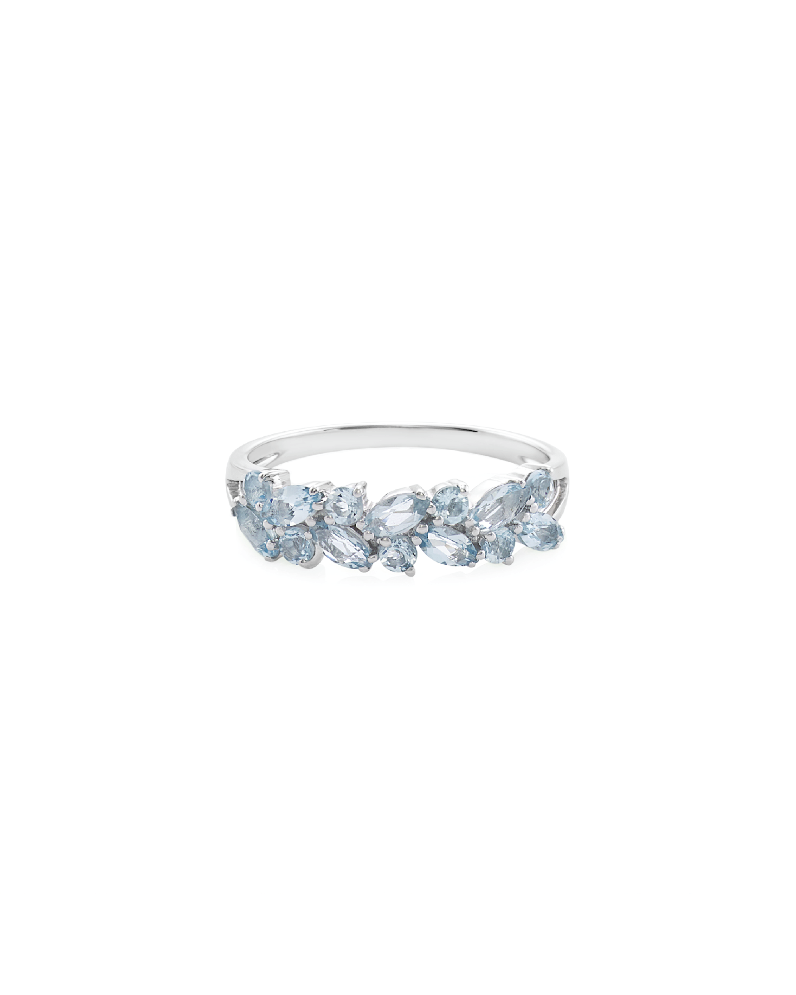 An elegant aquamarine statement ring with alternating round and marquise cut natural aquamarines set in a 14K white gold band.