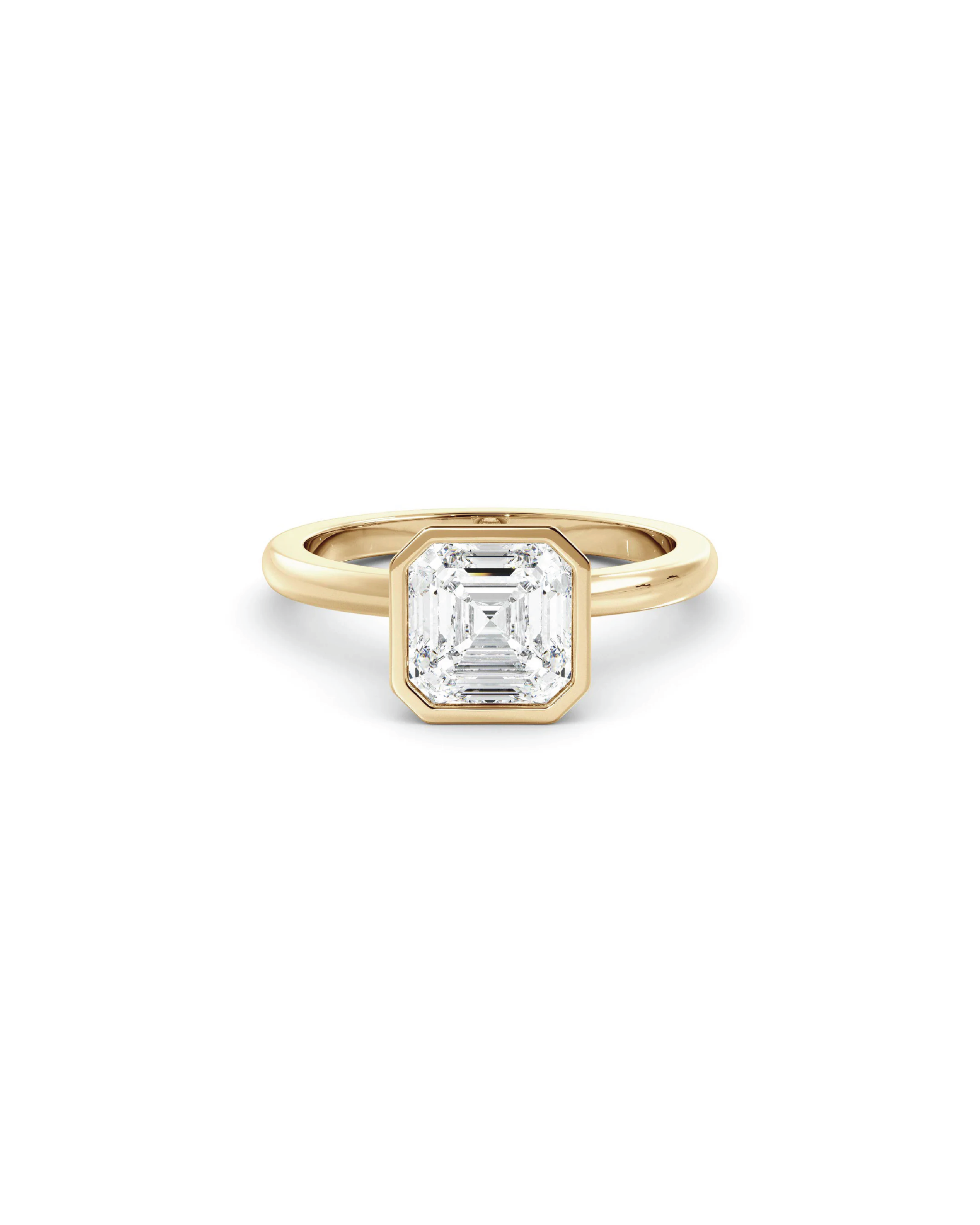An Asscher bezel solitaire ring with a 1.00ct diamond set in a yellow gold band