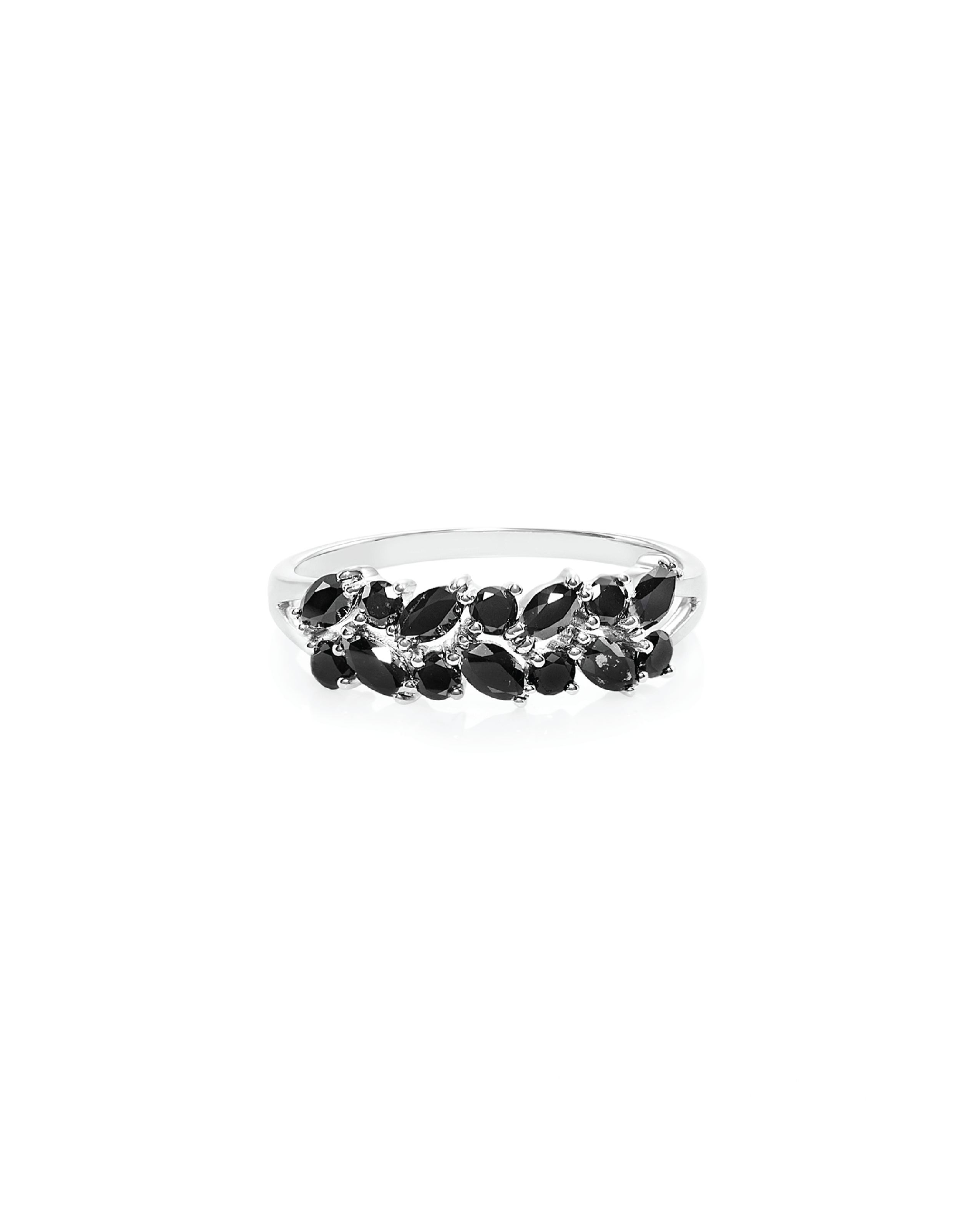 A ring with a series of round and marquise cut black diamonds set in a white gold band.
