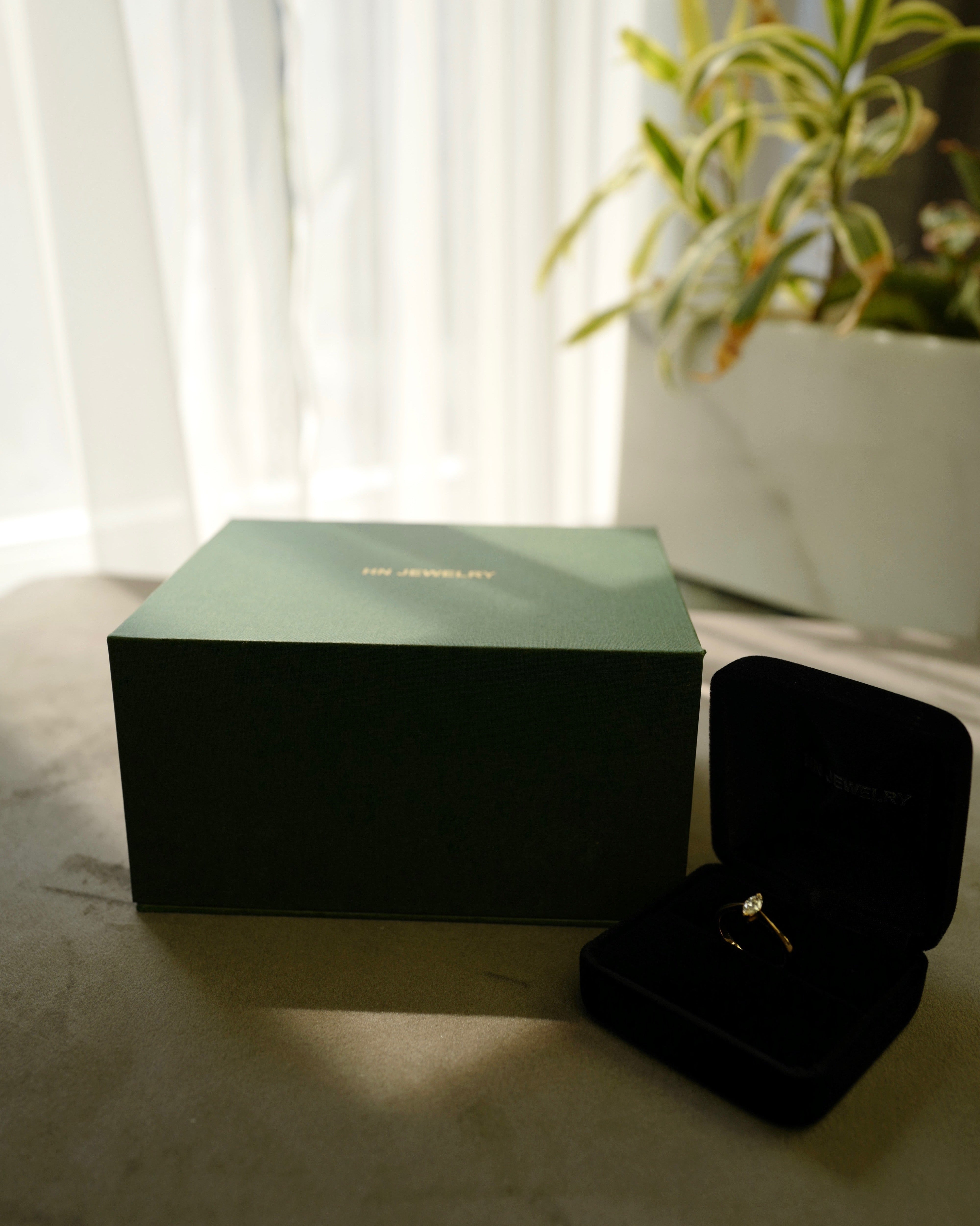 Black jewelry box with a ring on a light surface next to a green box and plant.