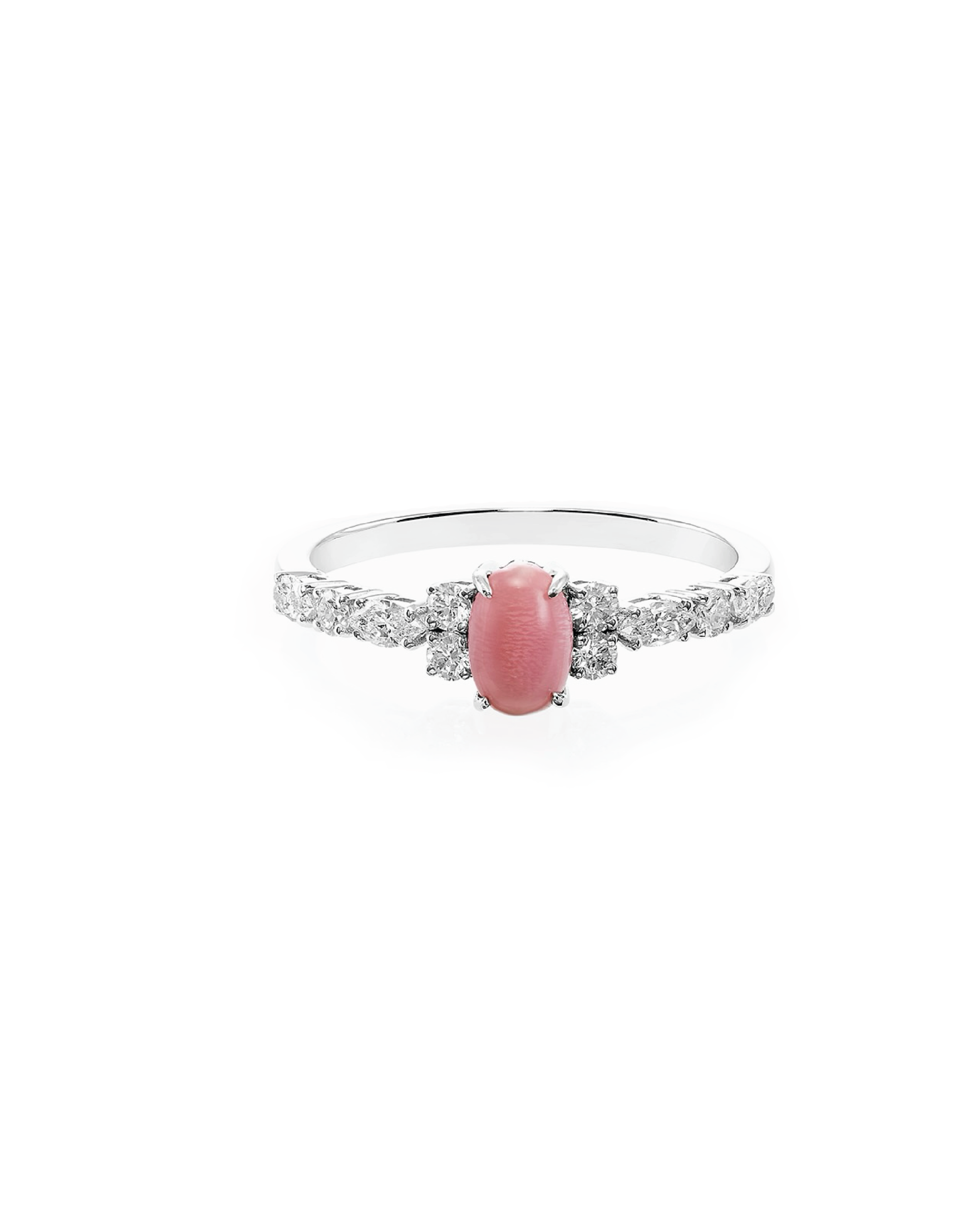 A white gold ring with a central conch pearl flanked by marquise and round diamonds creating a flame pattern.