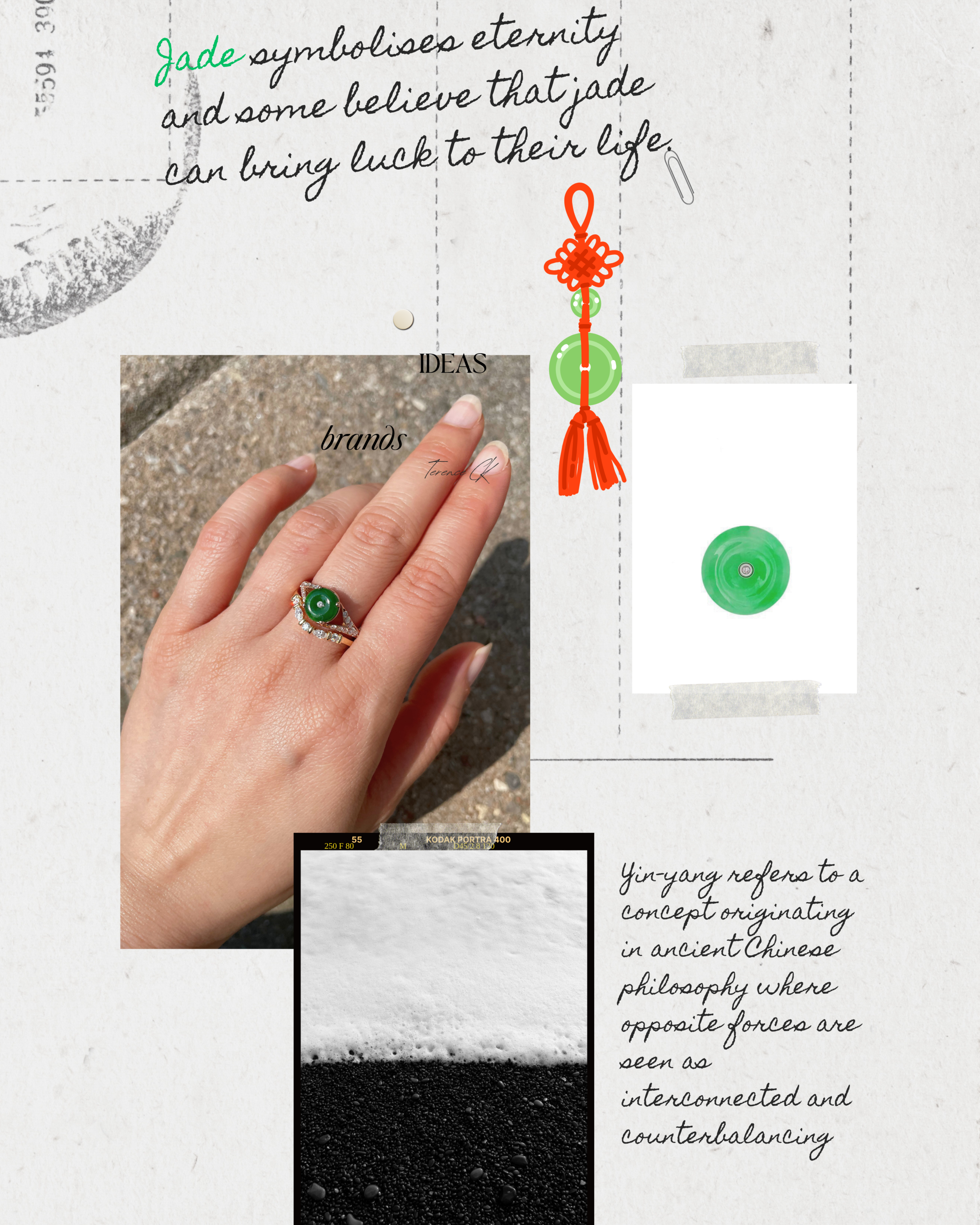 Collage with a hand wearing a green jade ring, concept about jade, diamond and a HN Jewelry brand logo.