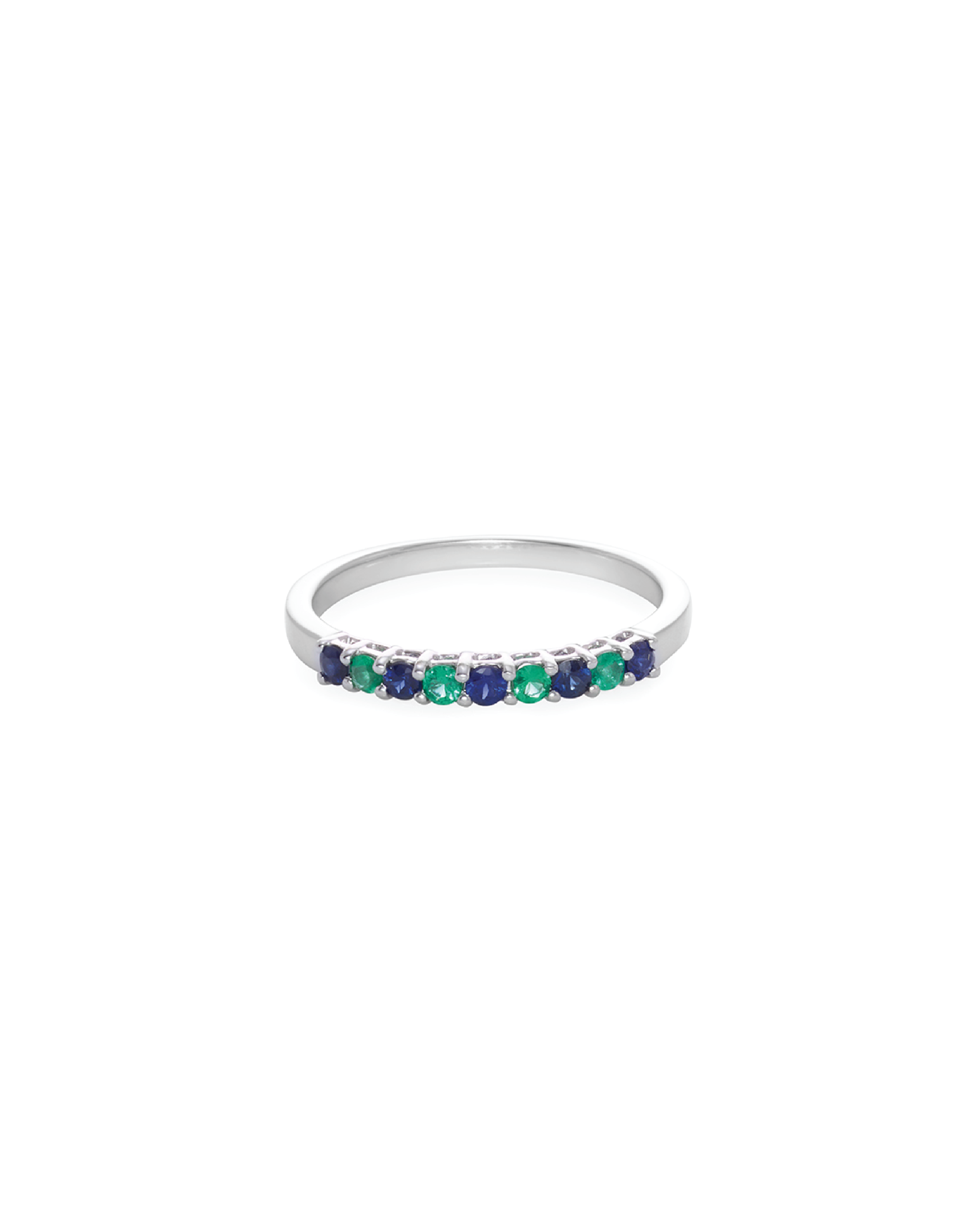 A ring with white gold band and alternating blue sapphire and emerald gemstones.