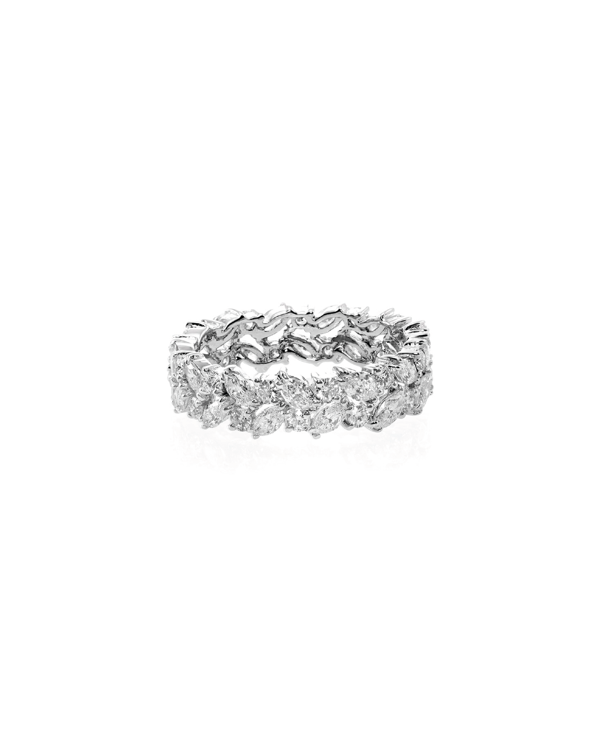 A white gold eternity ring with alternating round and marquise diamond cuts.