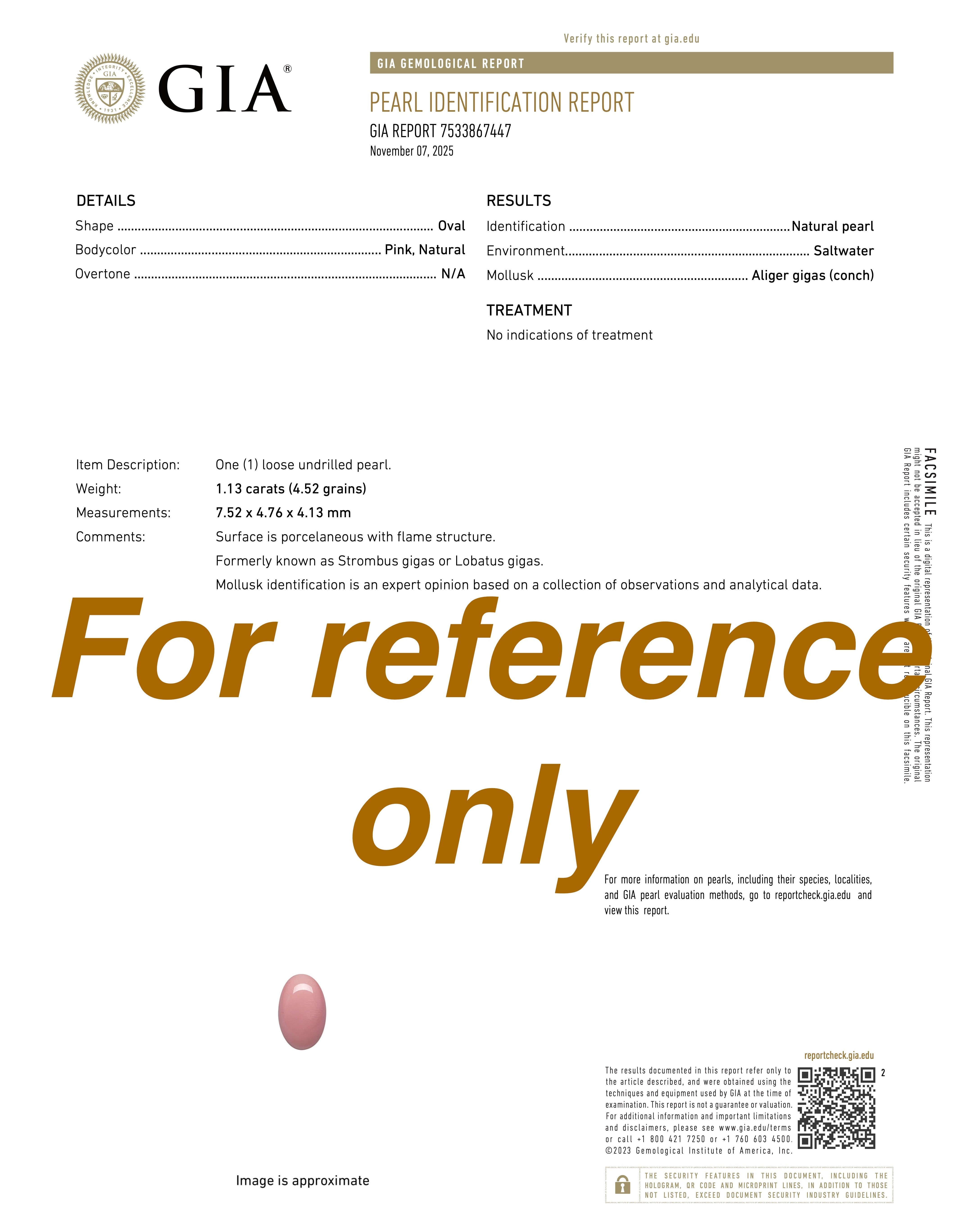 GIA certificate for a conch pearl identification report