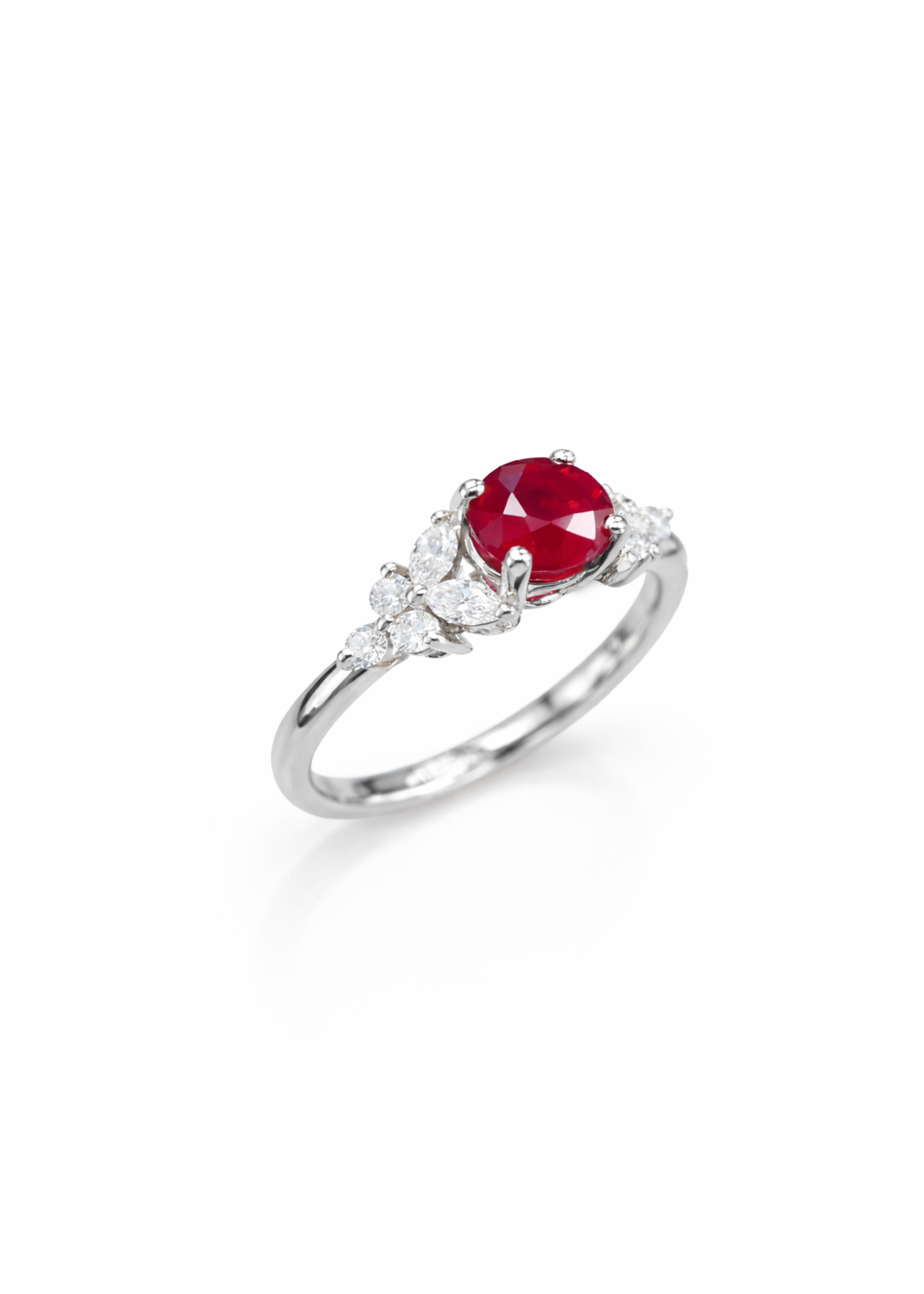 Natural round ruby ring with marquise and round brilliant cut diamonds in 14K white gold