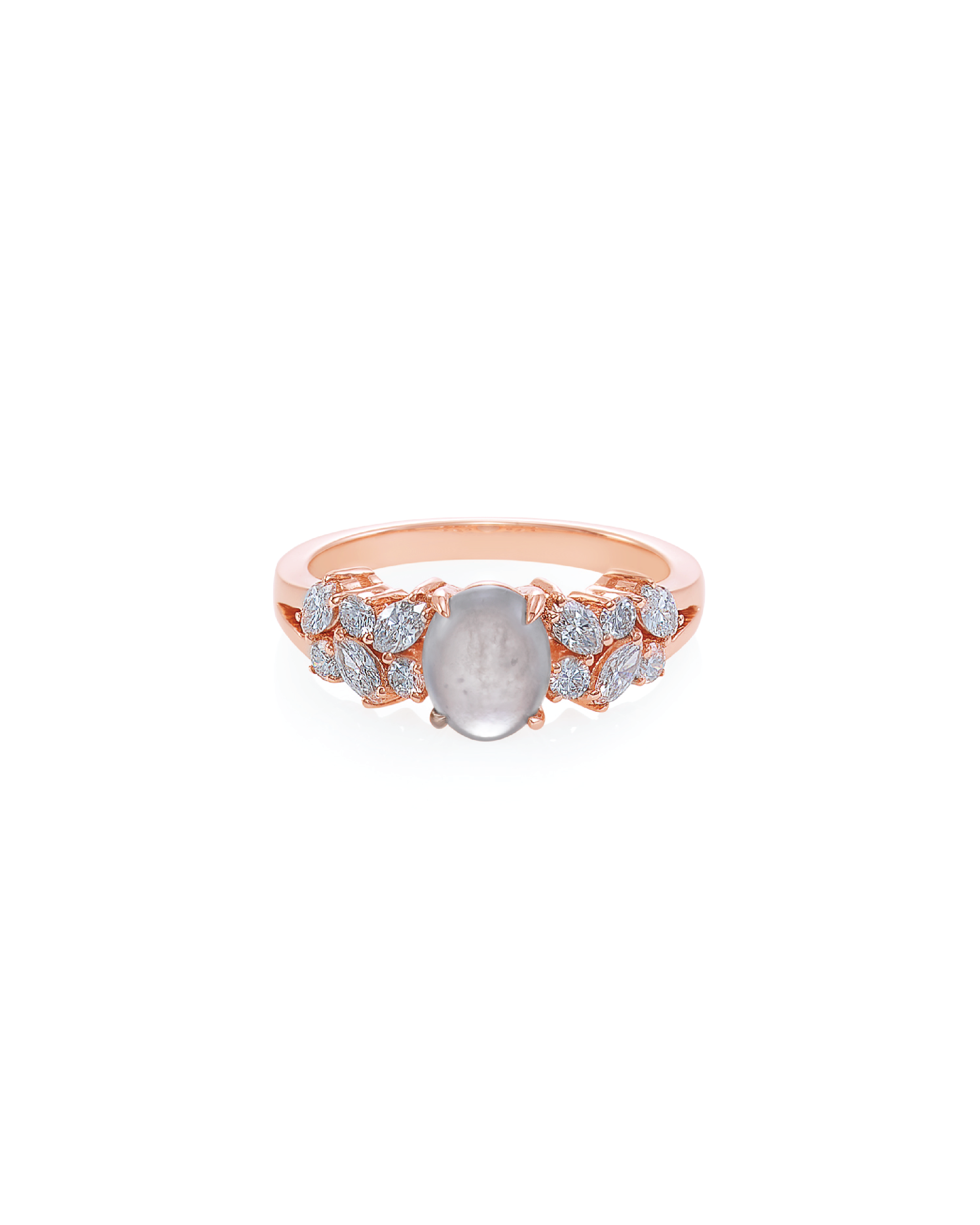 An oval icy jade ring with marquise and round brilliant cut diamonds set in rose gold.