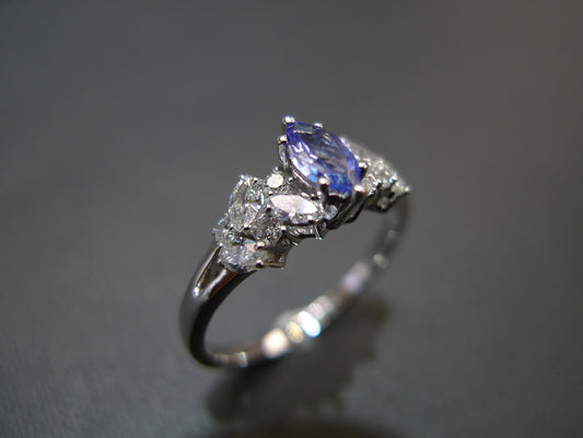 Marquise Cut Natural Tanzanite and Diamond Ring in White Gold