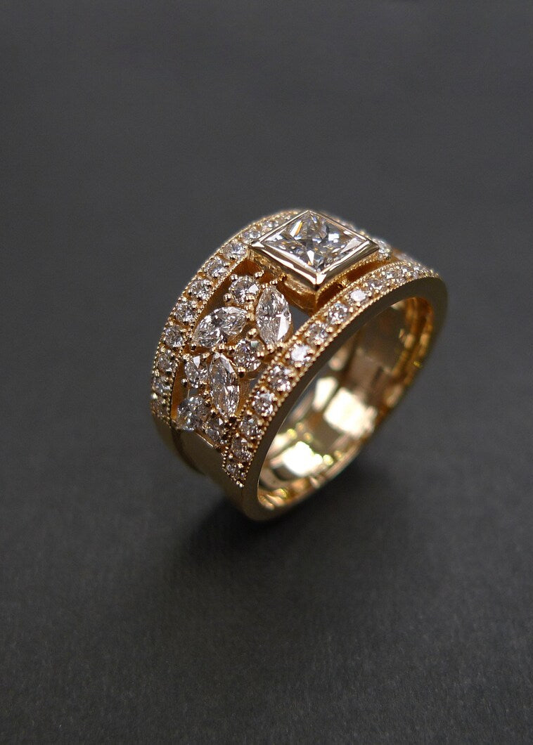 Certified 0.60ct Princess Cut Diamond Wide Ring in Yellow Gold - HN JEWELRY