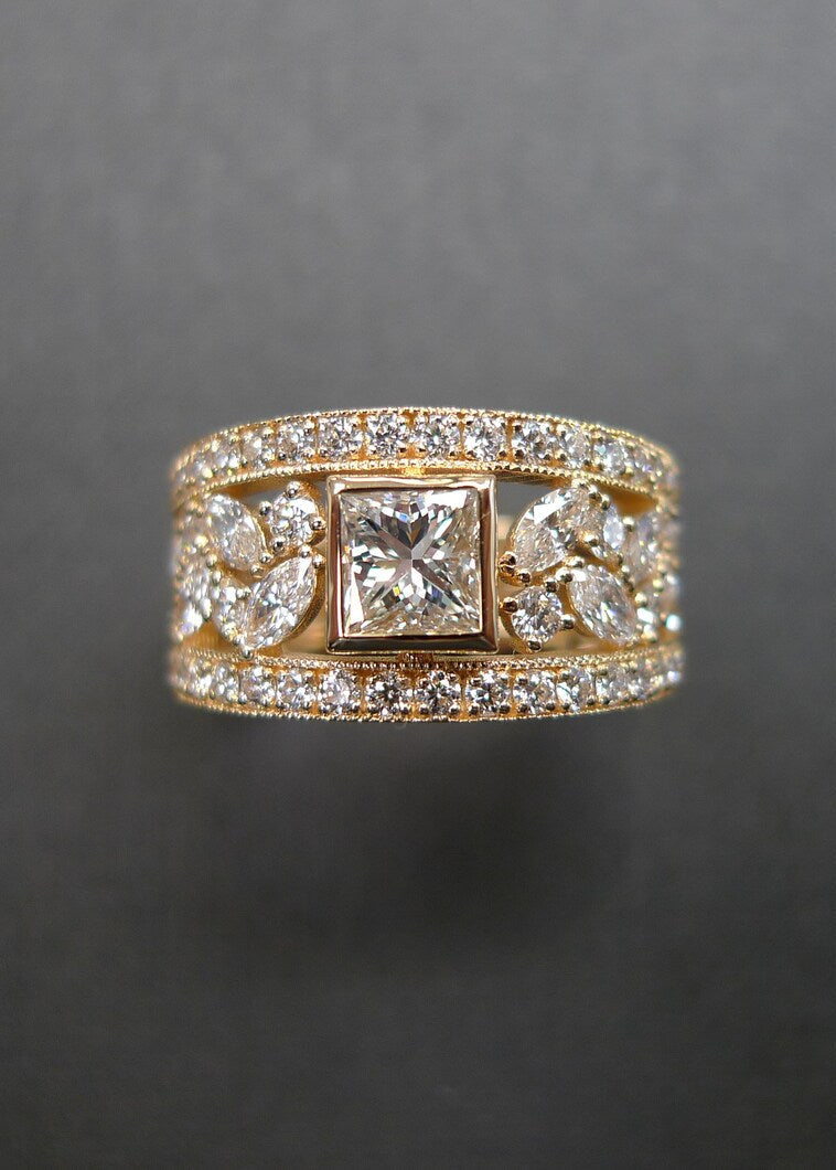 Certified 0.60ct Princess Cut Diamond Wide Ring in Yellow Gold - HN JEWELRY