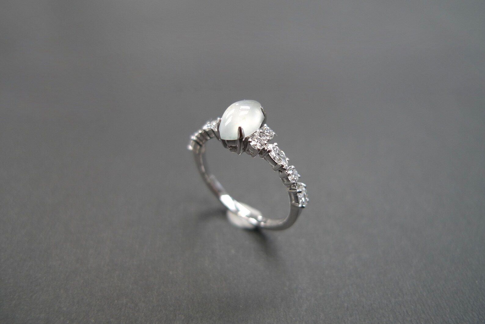 Certified Icy White Jade and Marquise Diamond Ring in White Gold - HN JEWELRY