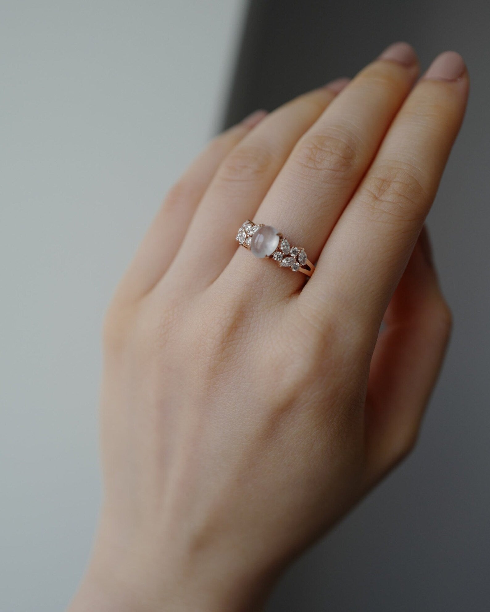 Oval Icy Jade & Marquise Diamond Engagement Ring - HN JEWELRY