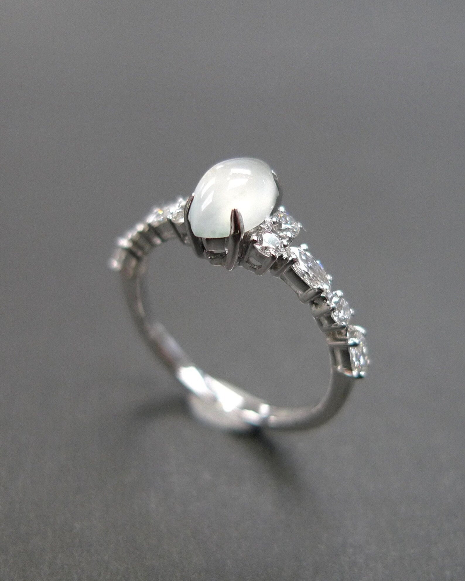 Certified Icy White Jade and Marquise Diamond Ring in White Gold - HN JEWELRY
