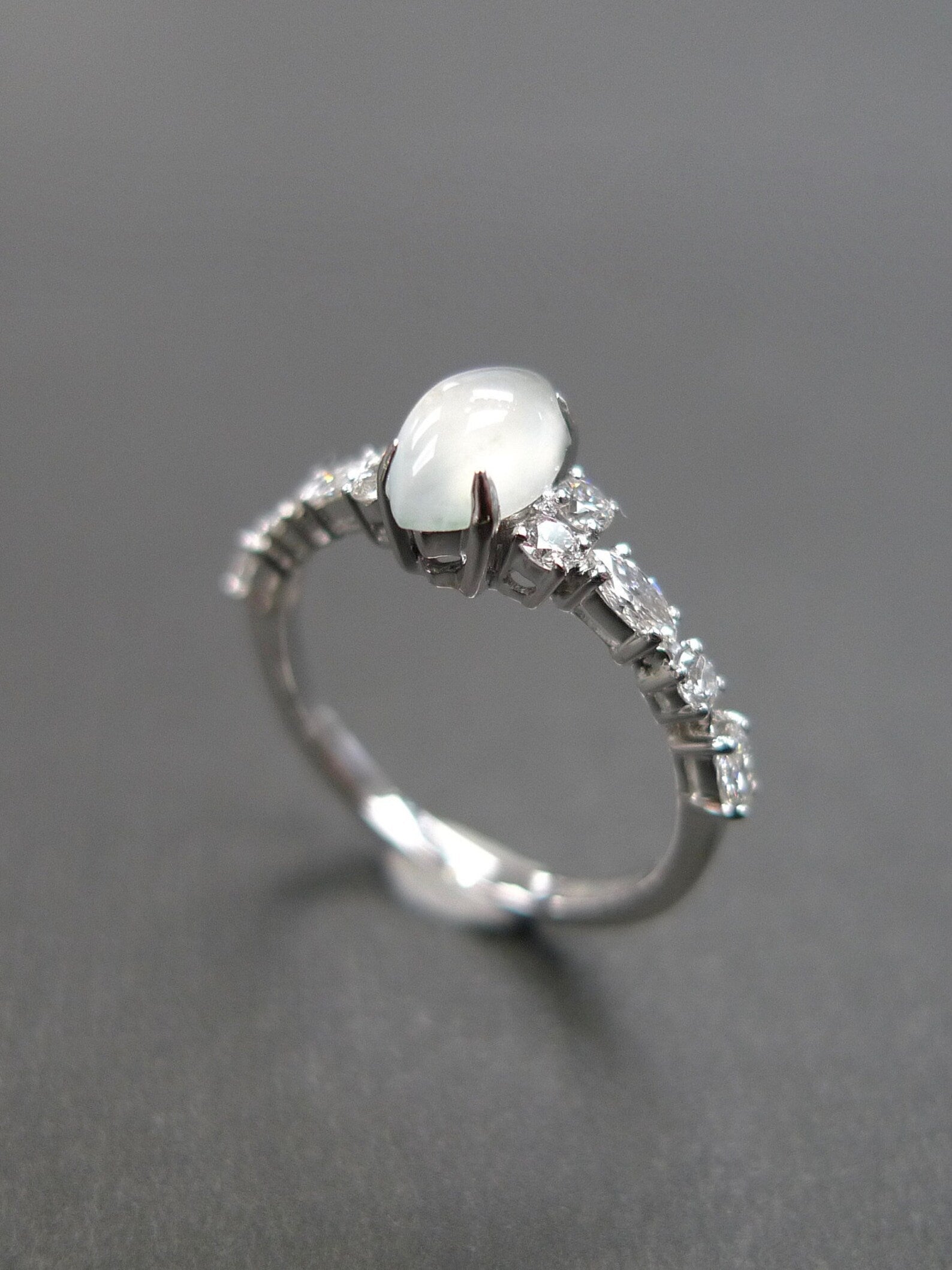 Certified Icy White Jade and Marquise Diamond Ring in White Gold - HN JEWELRY