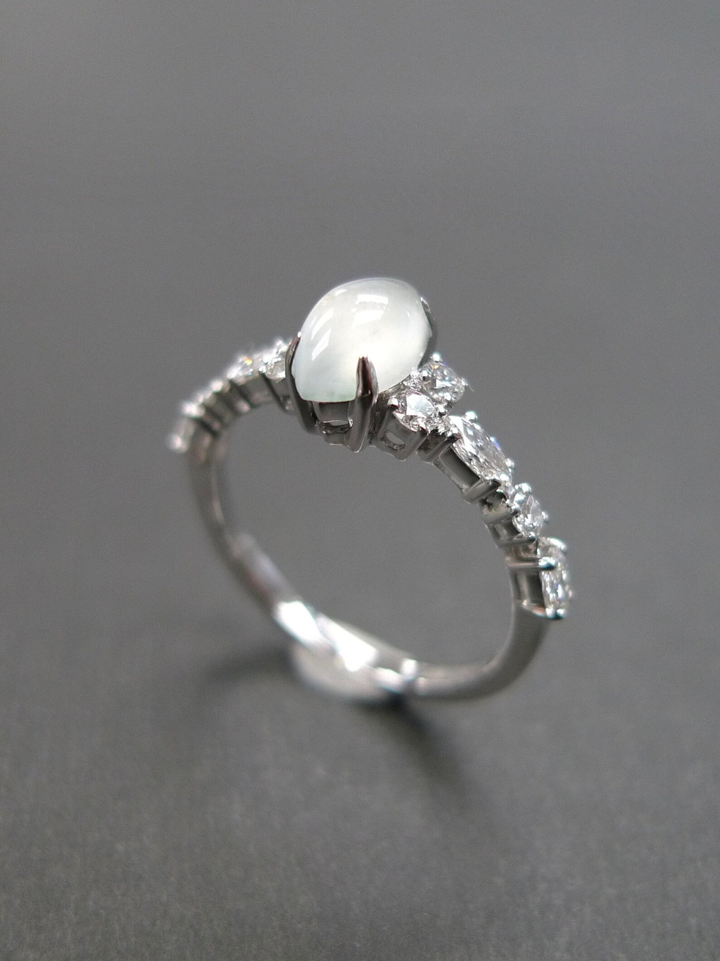 Certified Icy White Jade and Marquise Diamond Ring in White Gold