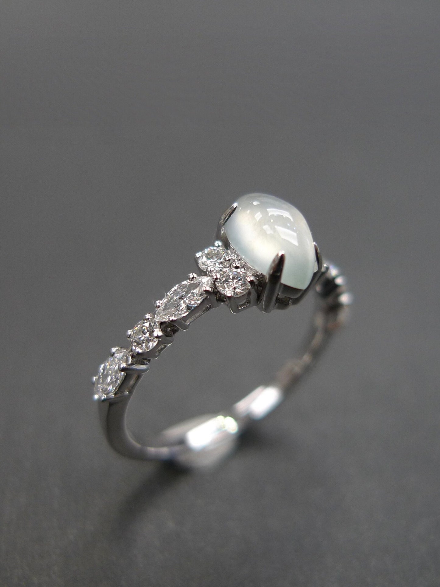 Certified Icy White Jade and Marquise Diamond Ring in White Gold - HN JEWELRY