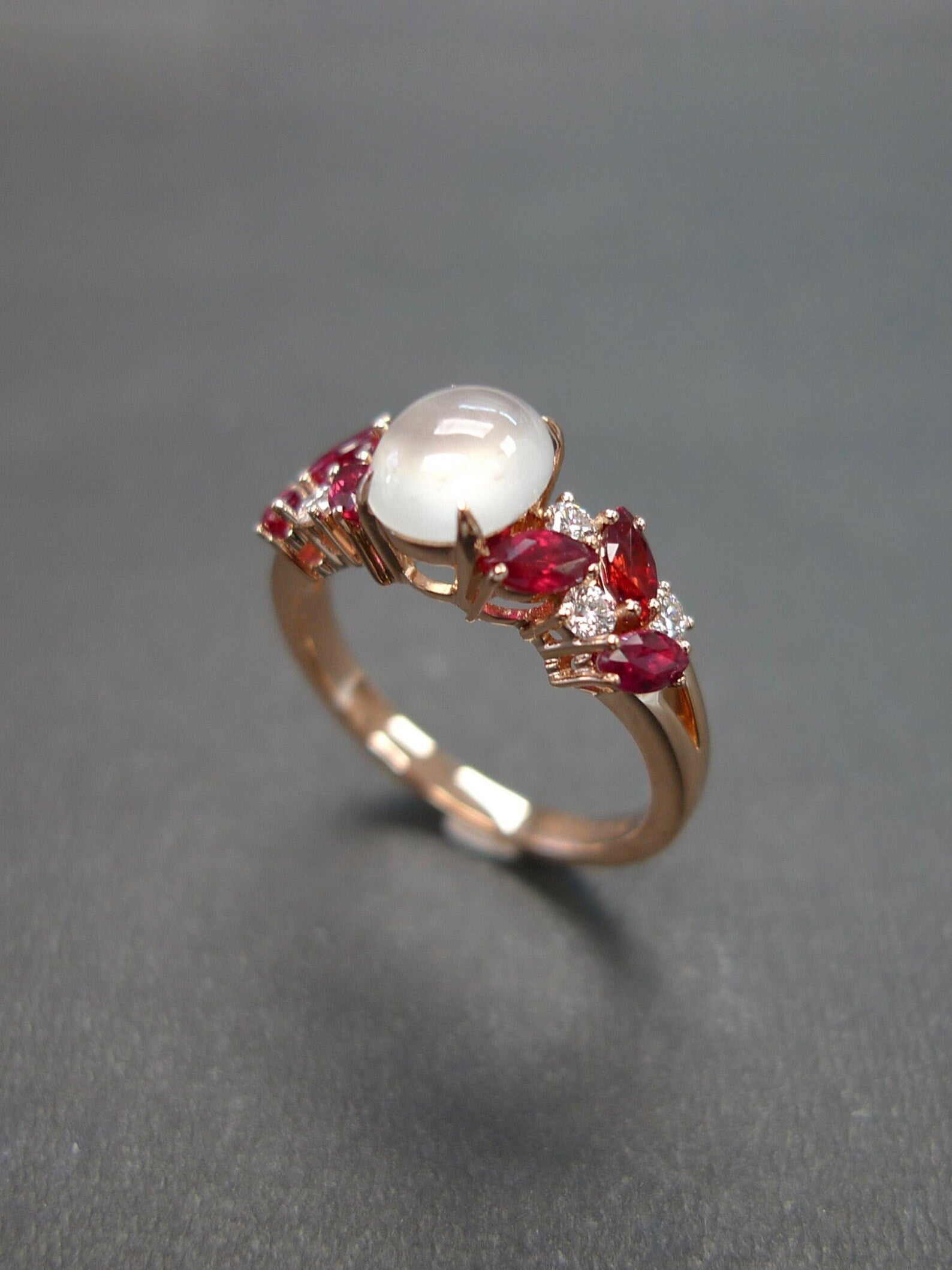 Certified Icy White Jade, Ruby and Diamond Ring in Rose Gold - HN JEWELRY