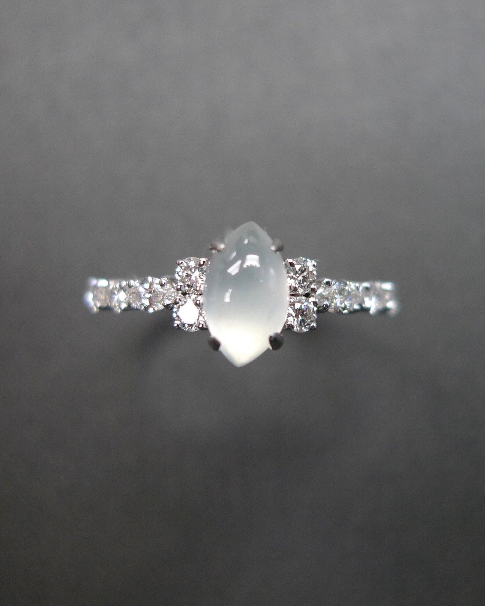 Certified Icy White Jade and Marquise Diamond Ring in White Gold - HN JEWELRY