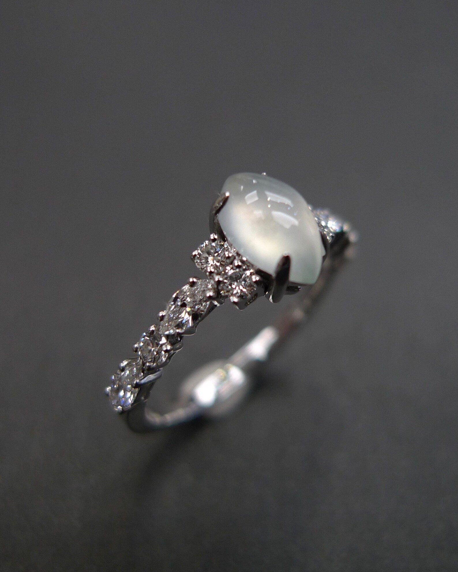 Certified Icy White Jade and Marquise Diamond Ring in White Gold - HN JEWELRY