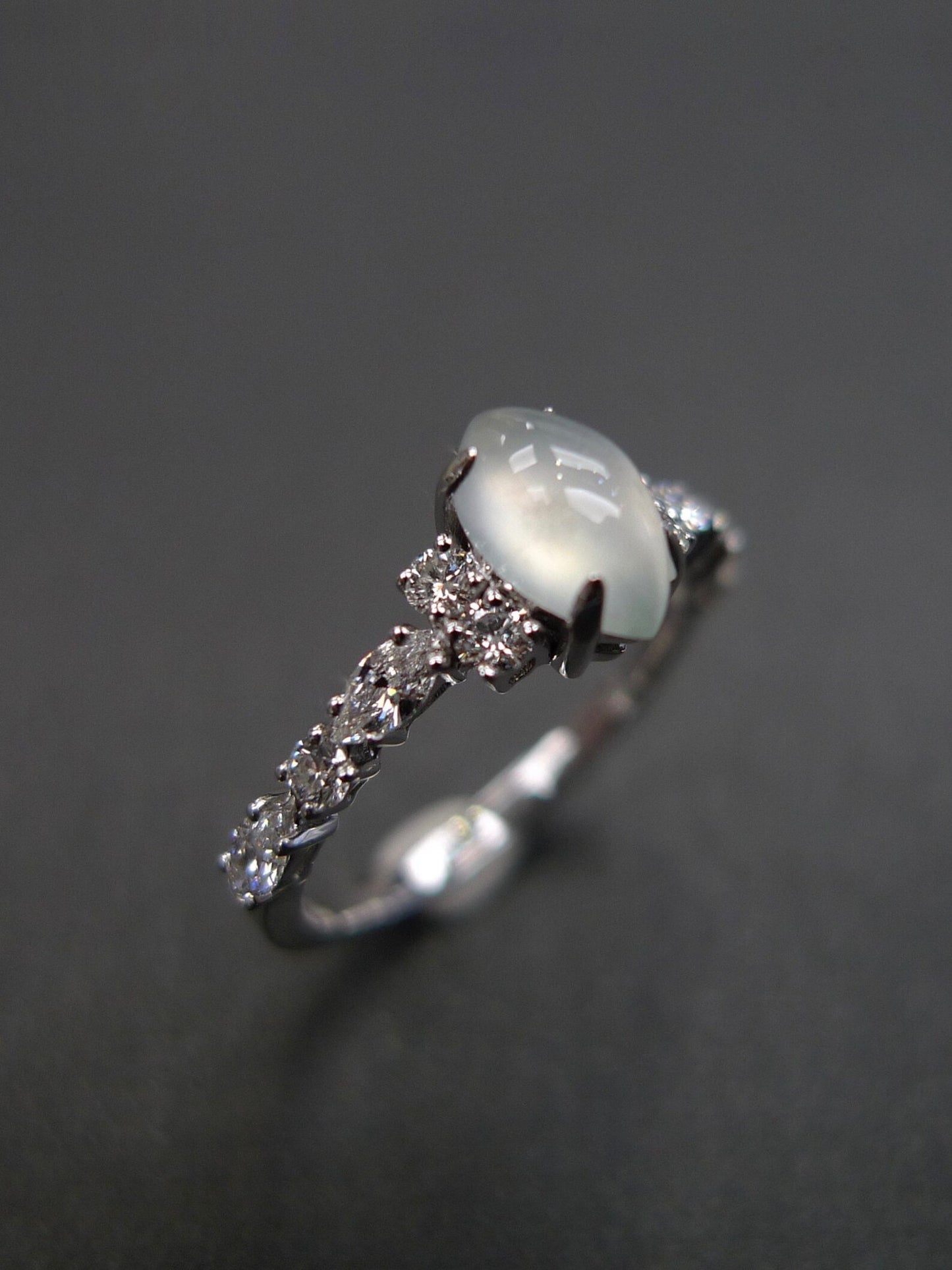 Certified Icy White Jade and Marquise Diamond Ring in White Gold