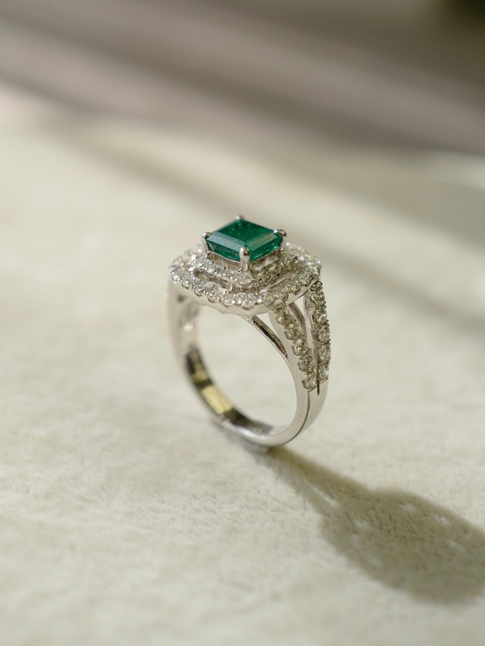 Emerald and Diamond Double Halo Ring in White Gold - HN JEWELRY