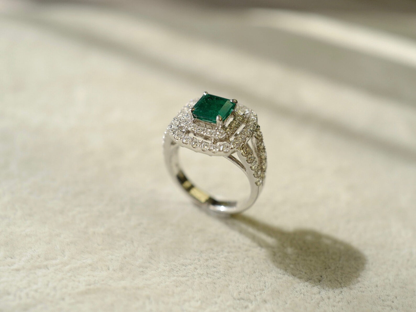 Emerald and Diamond Double Halo Ring in White Gold - HN JEWELRY