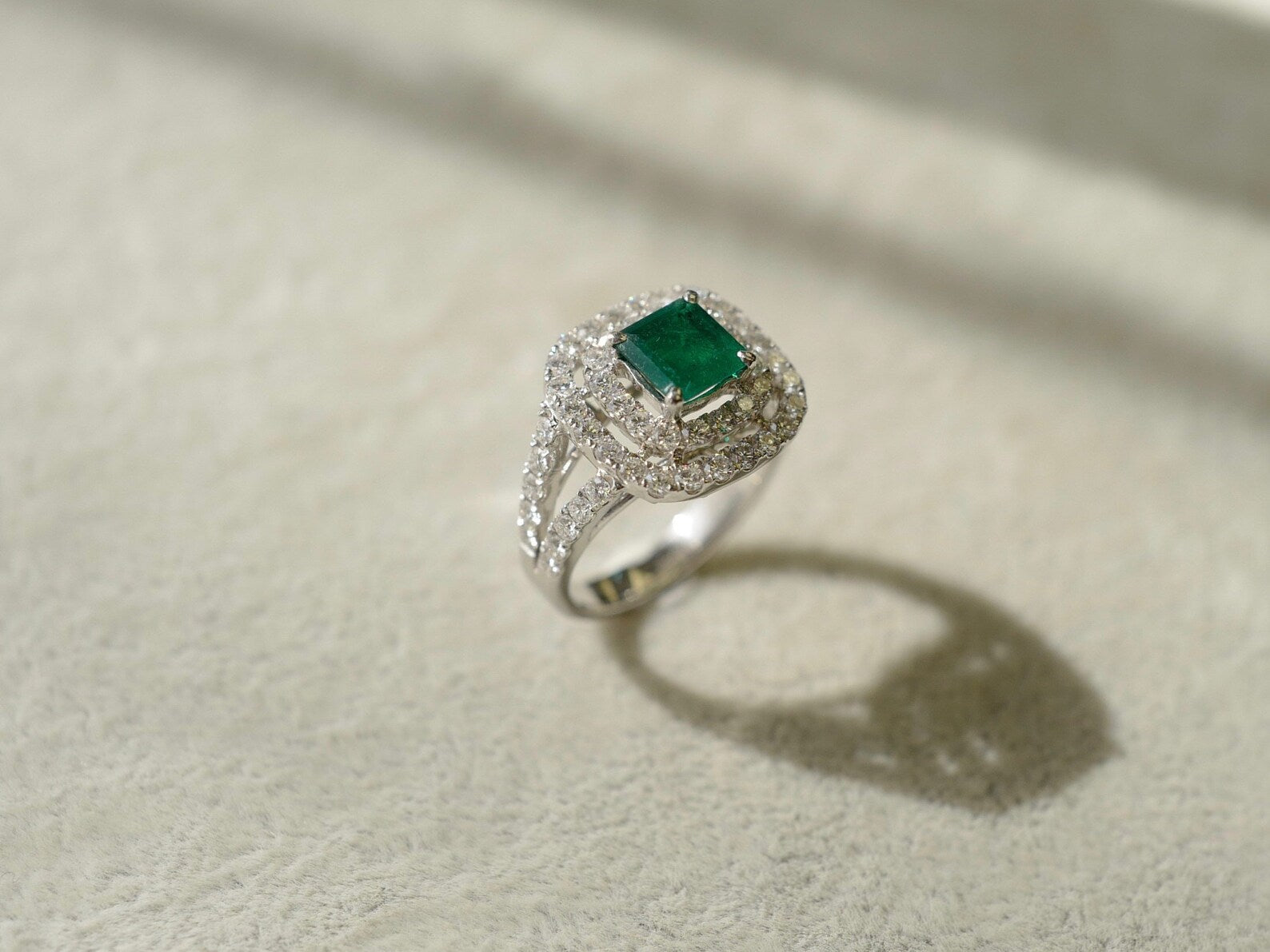 Emerald and Diamond Double Halo Ring in White Gold - HN JEWELRY