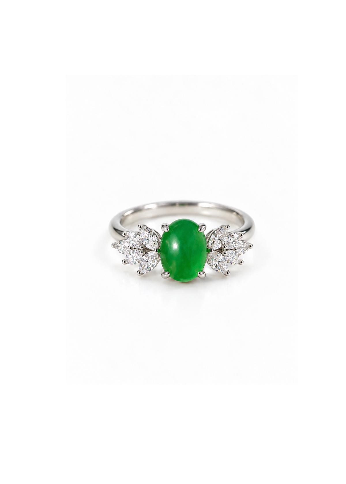 Imperial green oval jadeite cabochon ring with marquise diamond side clusters in solid white gold, HN JEWELRY
