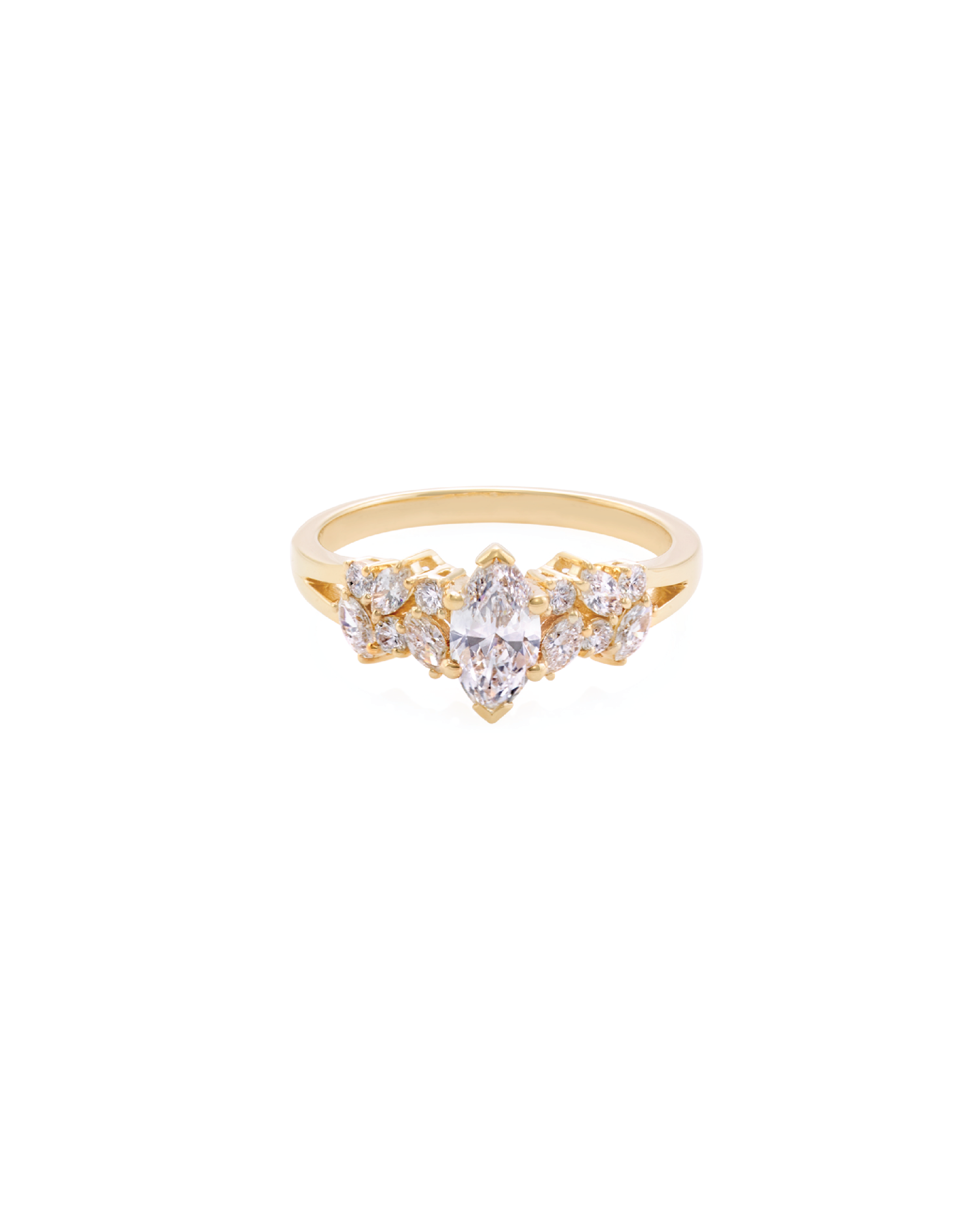 A marquise and round diamond ring with a yellow gold band, featuring a central marquise diamond flanked by smaller round diamonds on each side.