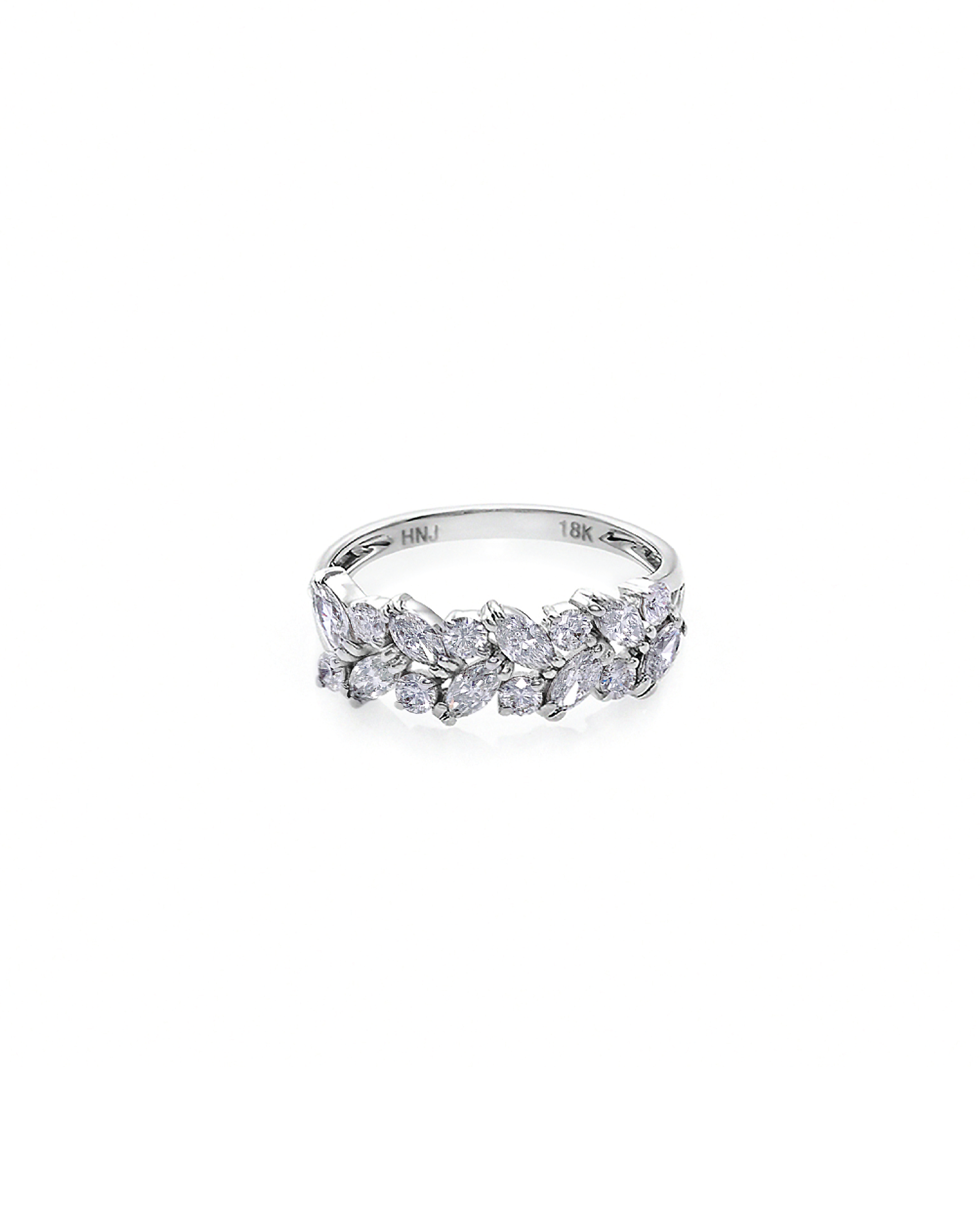 marquise cut and round brilliant cut diamond ring in 18k white gold