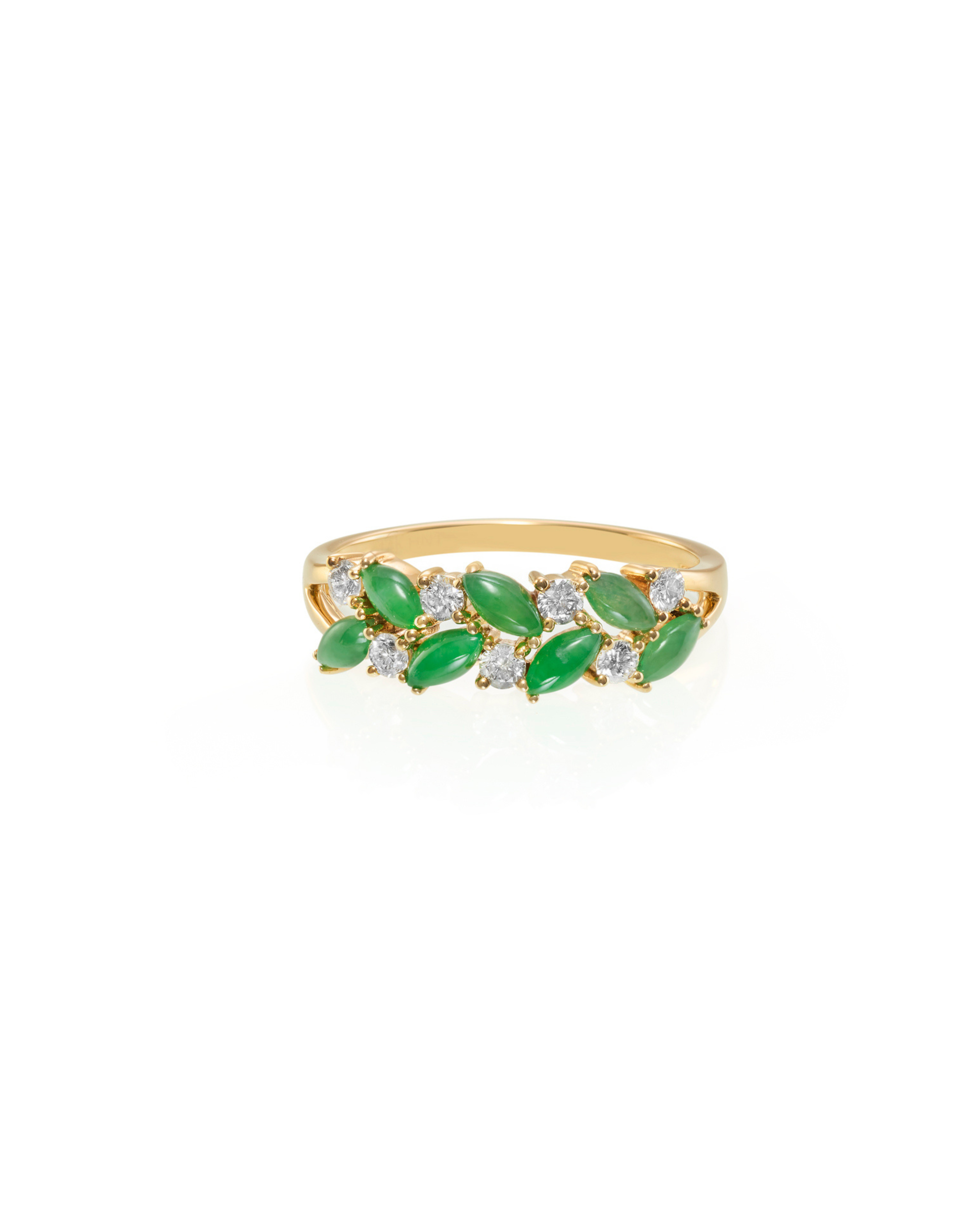 Gold ring with marquise green jade and diamond on a white background