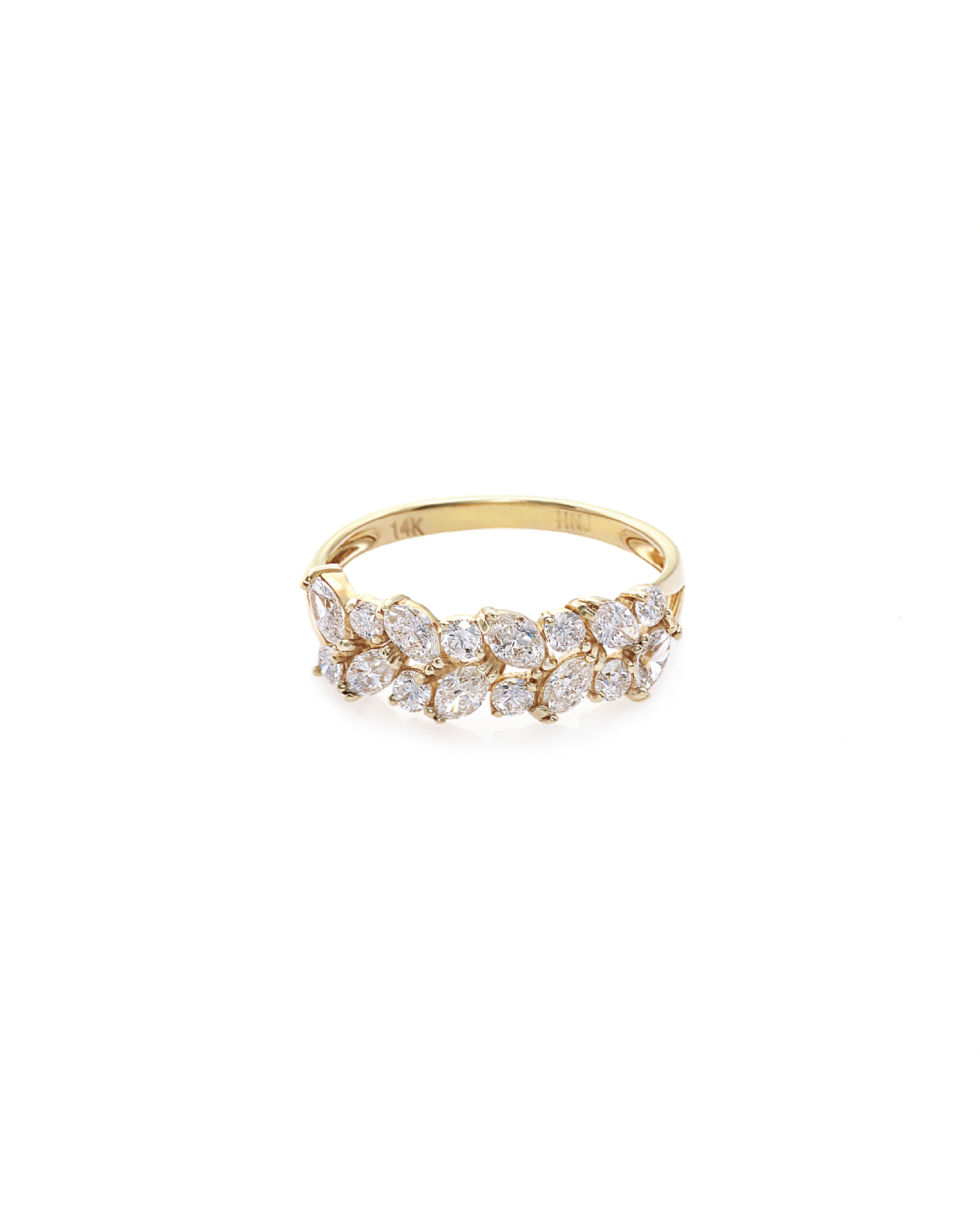 Marquise and round diamond two-row ring in 18K yellow gold unique engagement ring.