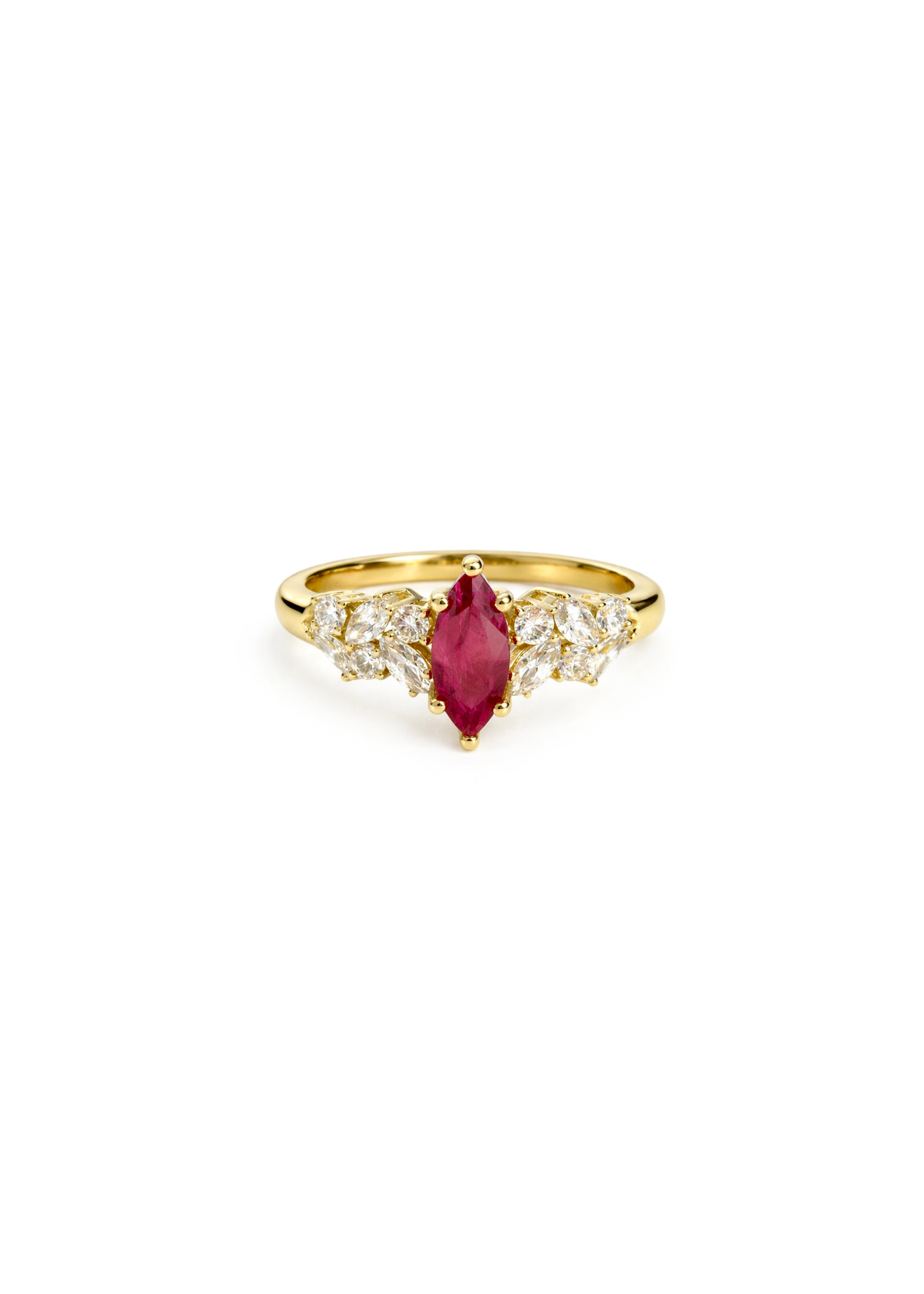 an unique engagement ring set with marquise ruby at the center along with marquise diamond and round diamond on the side